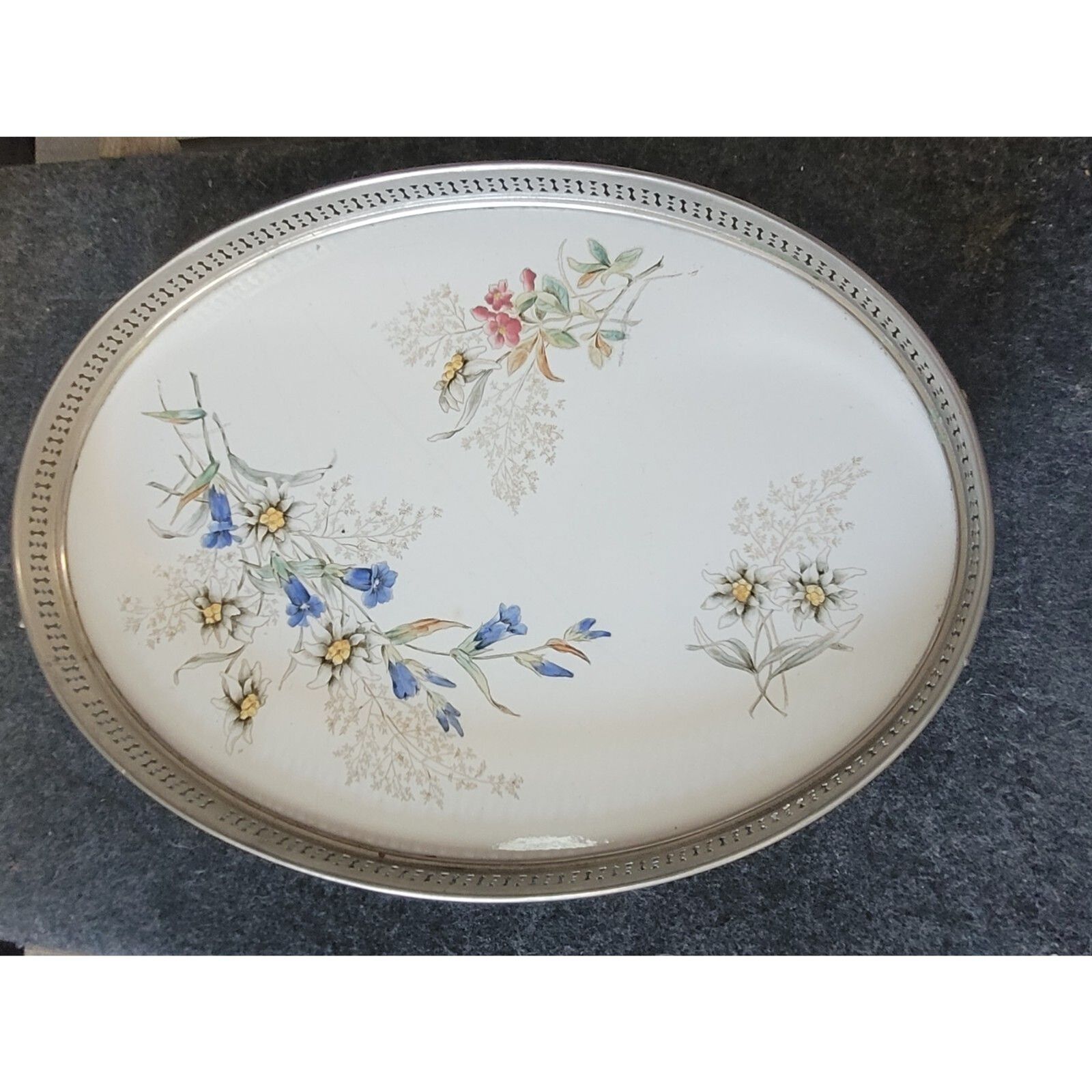 Antique European Porcelain Dresser Tray Ornate, has crack and no handles