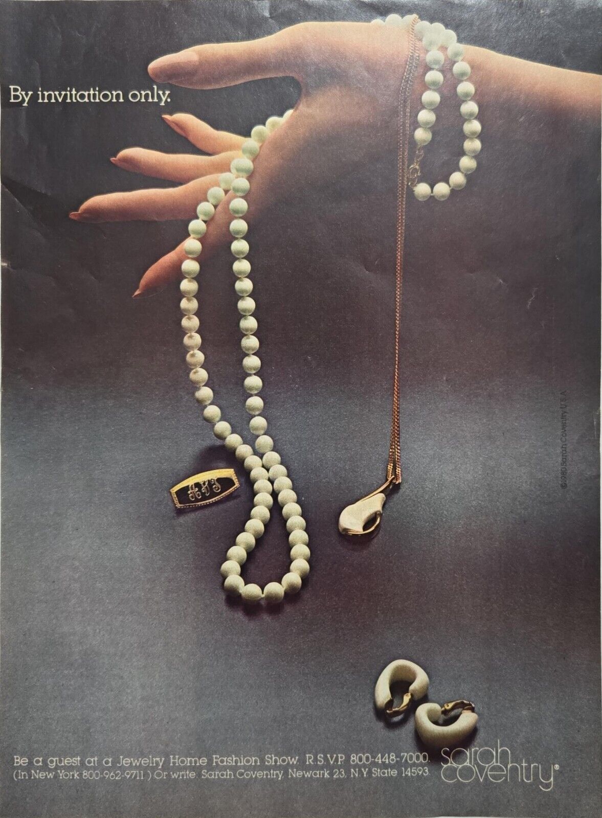 1980 Vintage print ad - Sarah Coventry fashion Jewelry Hand Model Pearl Necklace