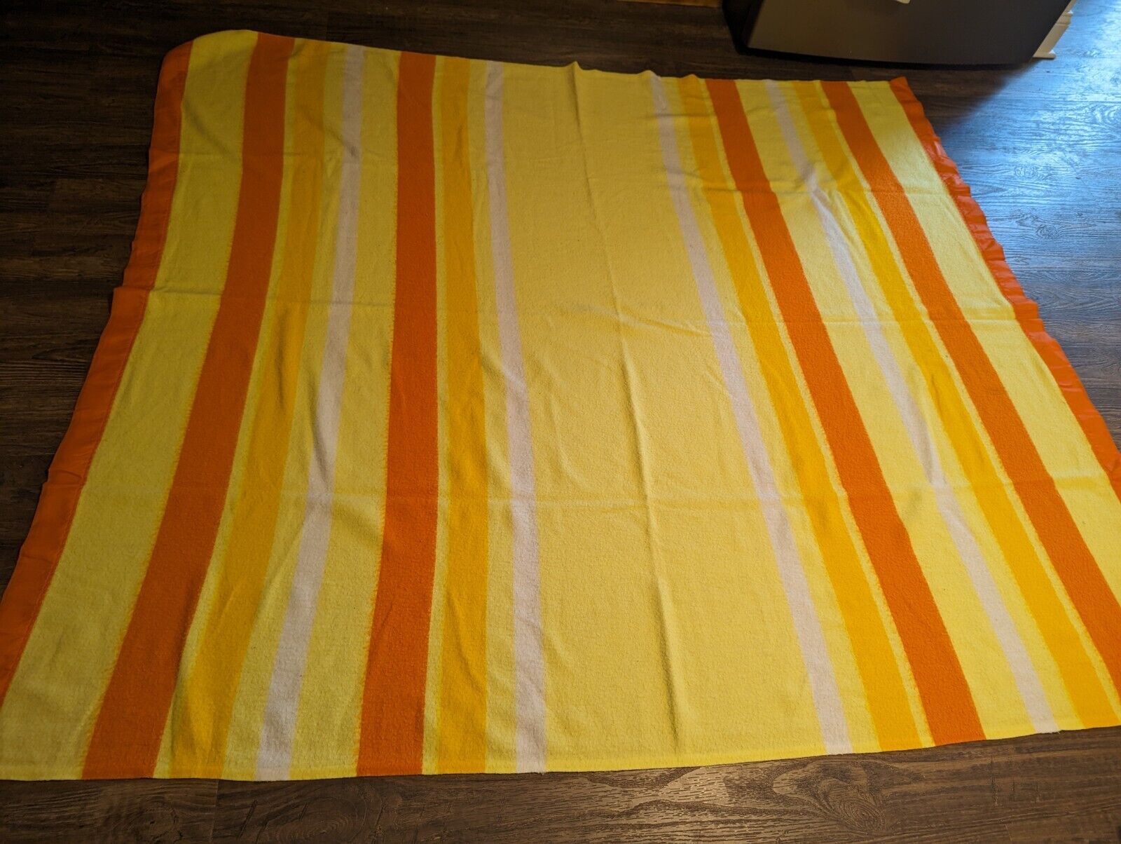 Retro Vintage Wool Blanket FALL COLOR Orange Stripe Satin Trim 80X70