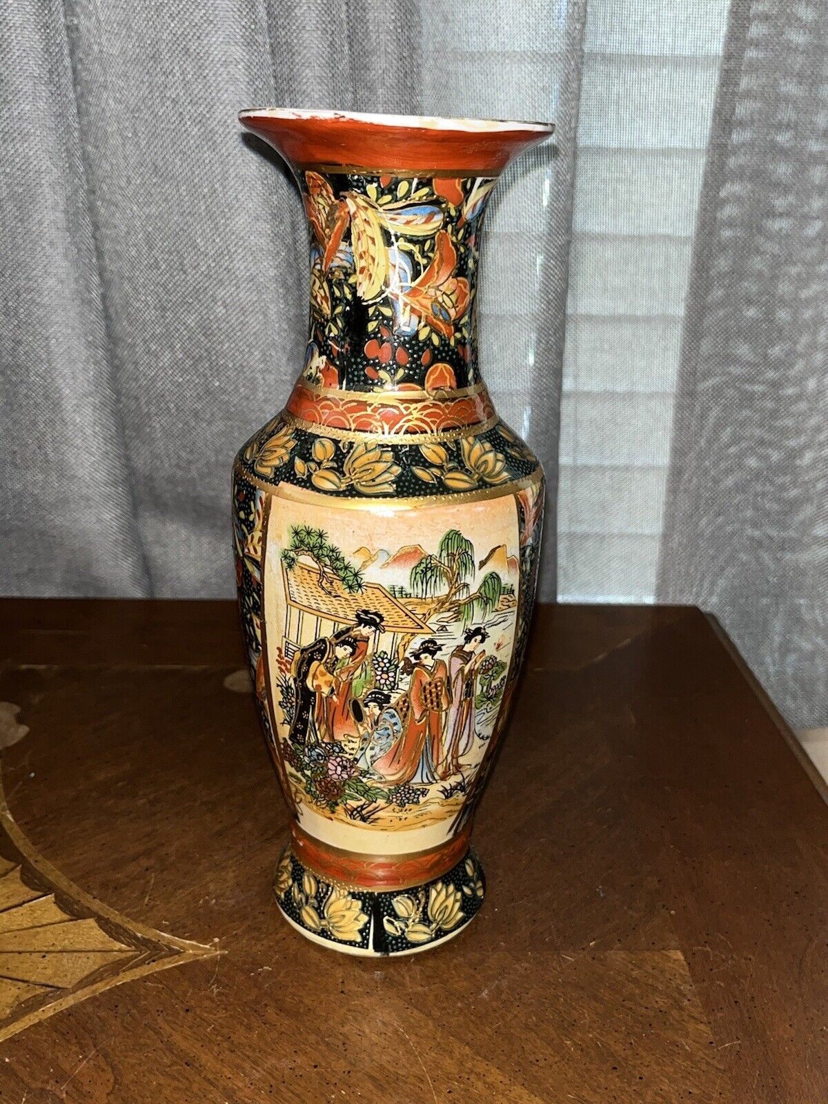 VTG MCM Cloisonné Japanese Asian Vase Hand Painted Boho Chic Colorful 10x5” EUC