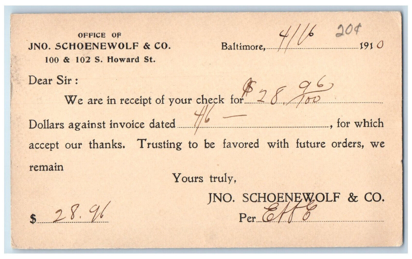 1910 Receipt JNo. Schoenewolf & Co. Baltimore Maryland MD Postal Card