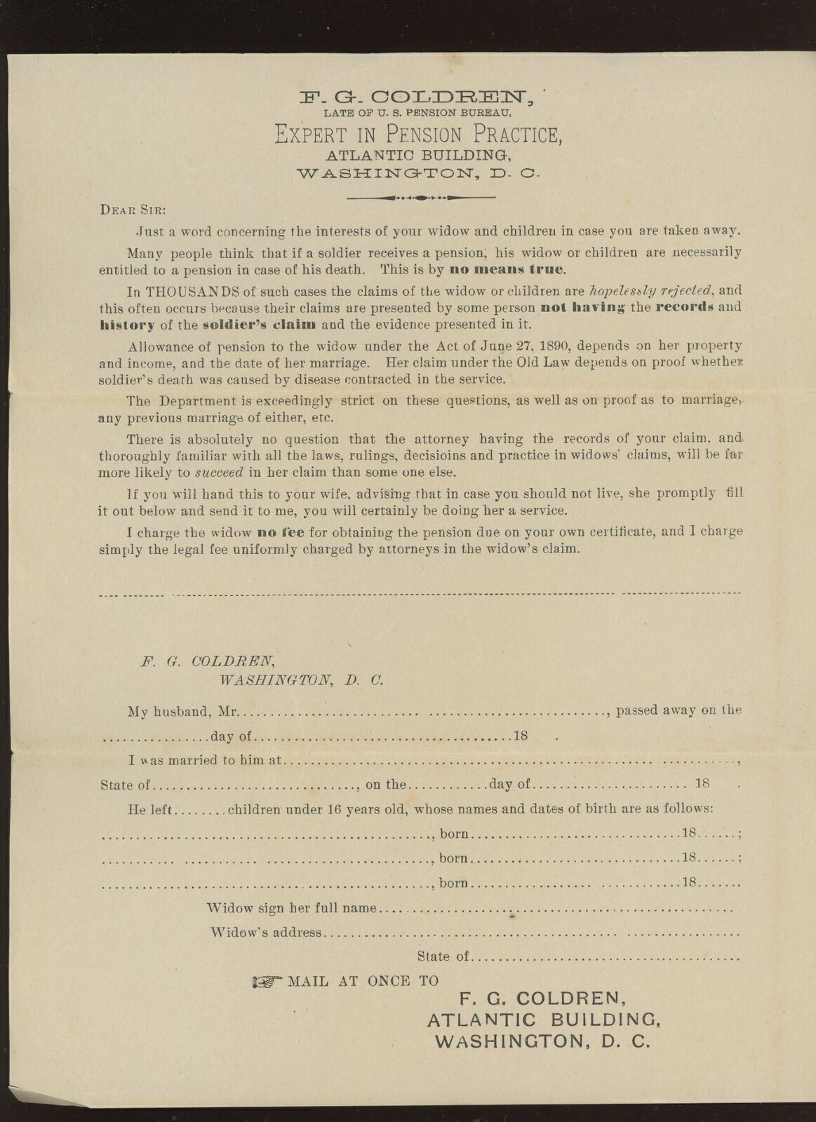 1890s SOLDIER PENSION LETTER F.G. COLDREN LATE OF U.S. PENSION BUREAU ATTY 31-32