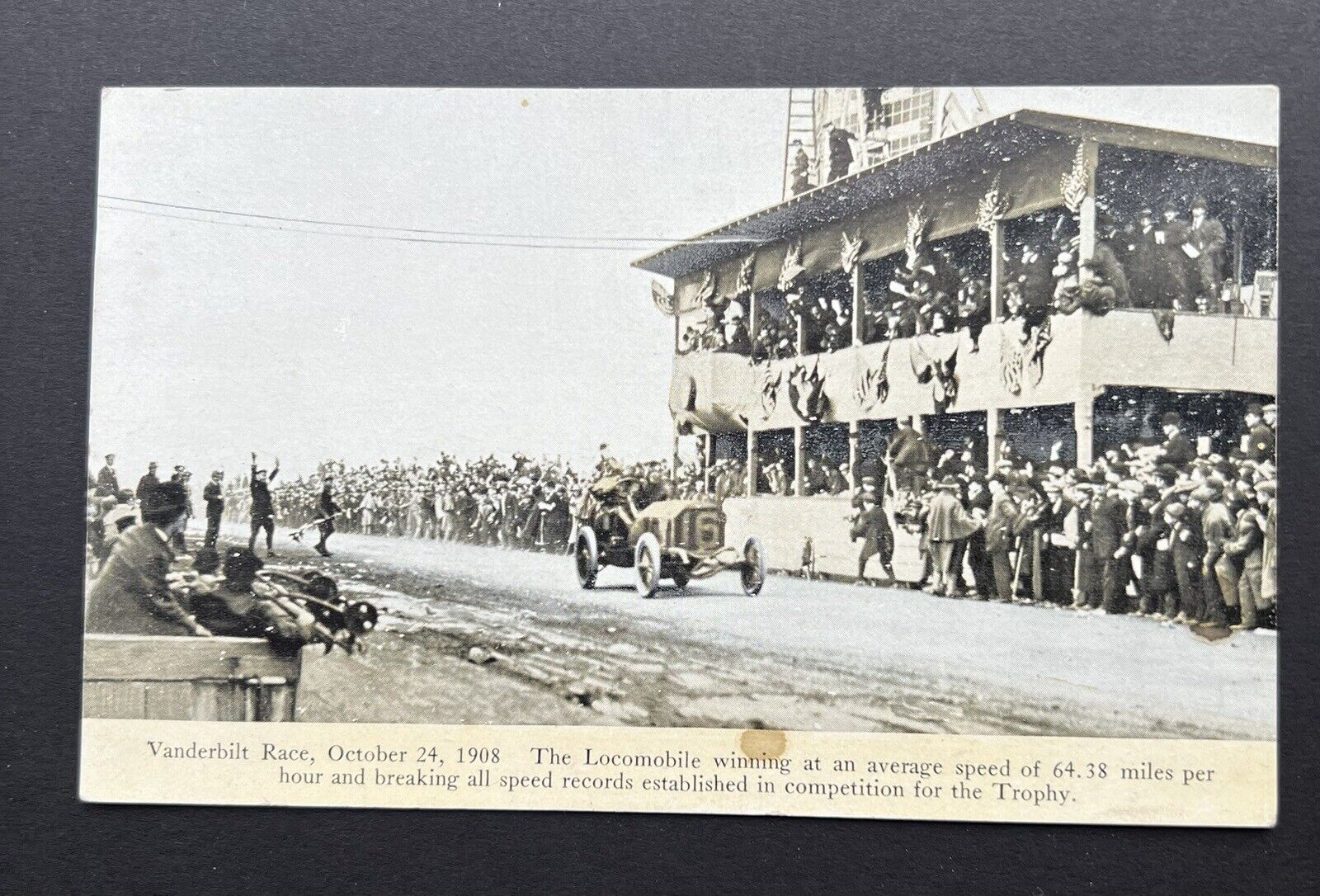 1908 Vanderbilt Cup Race Postcard/ The Locomobile, “Old 16” Wins The Cup