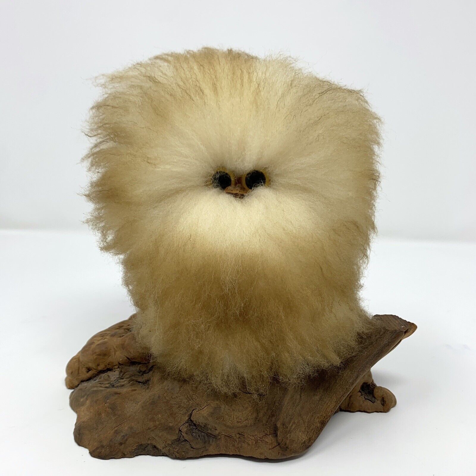 Vintage Wooly Whooos Furry Owl on Burl Wood Sculpture by Sandy Finch California