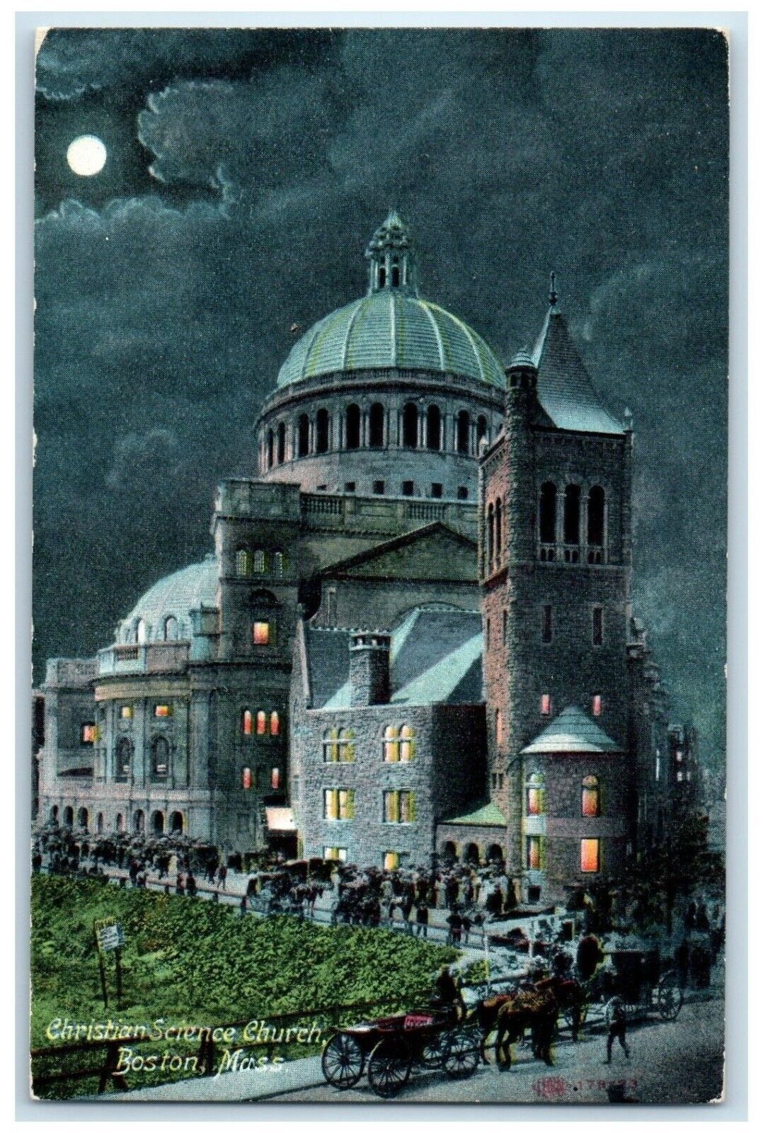 c1910 Christian Science Church Exterior Night Moon Boston Massachusetts Postcard