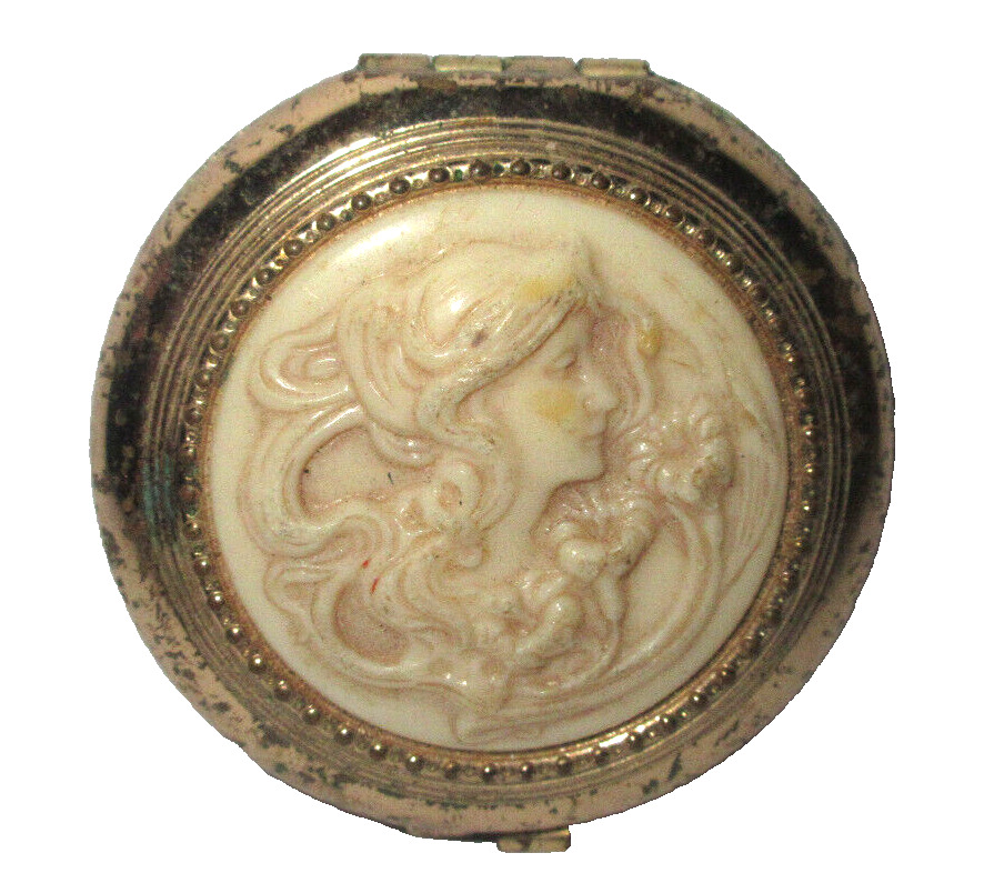 Vintage Revlon Art Nouveau Pressed Powder Compact Ivory Face Gold Brass  (J2).