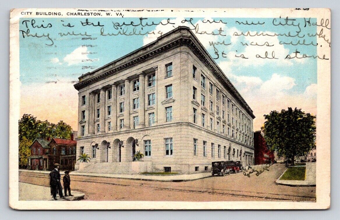 c1920 People Old Cars City Building Charleston West Virginia P77A