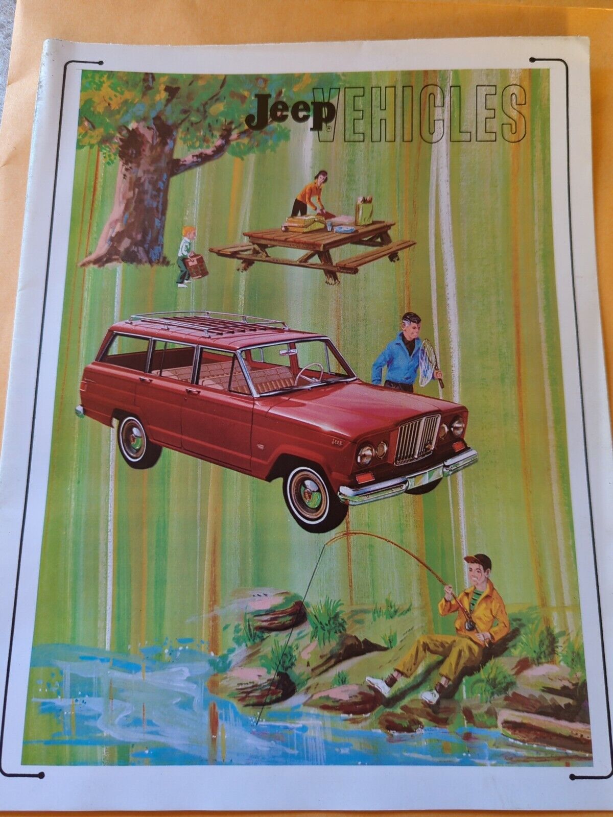 Vintage 1960\'s Jeep Vehicle Sales Brochure opens to 8 paneled front/back photos