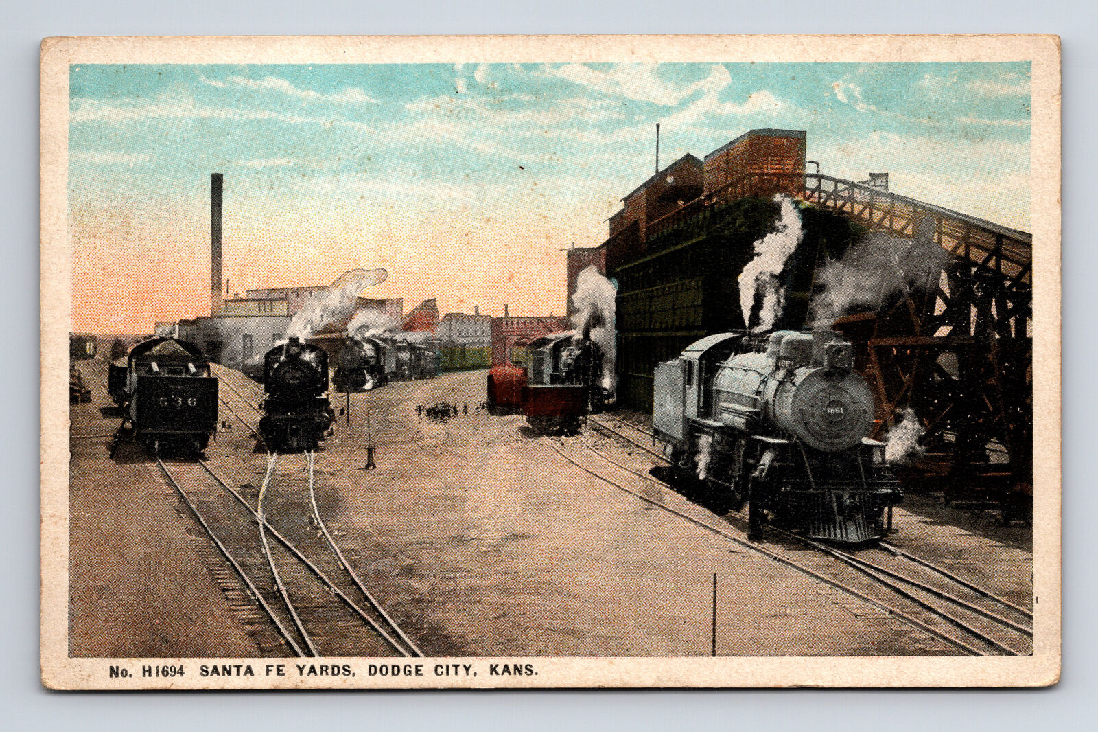 FRED HARVEY Sante Fe Railroad Yards Trains Dodge City KS Postcard