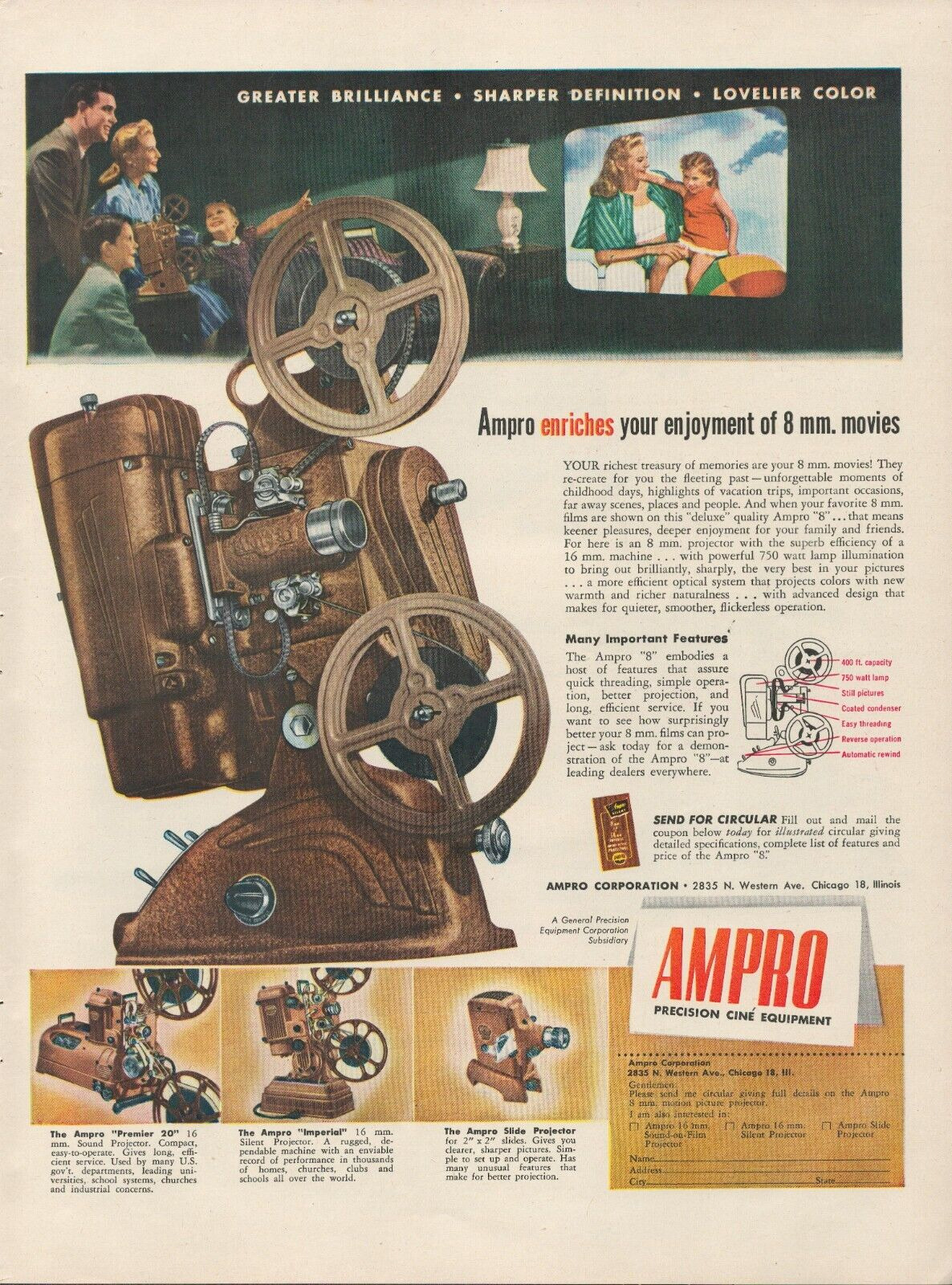 1947 Ampro Precision Equipment Enjoyment 8 mm Movie Projector Vintage Print Ad