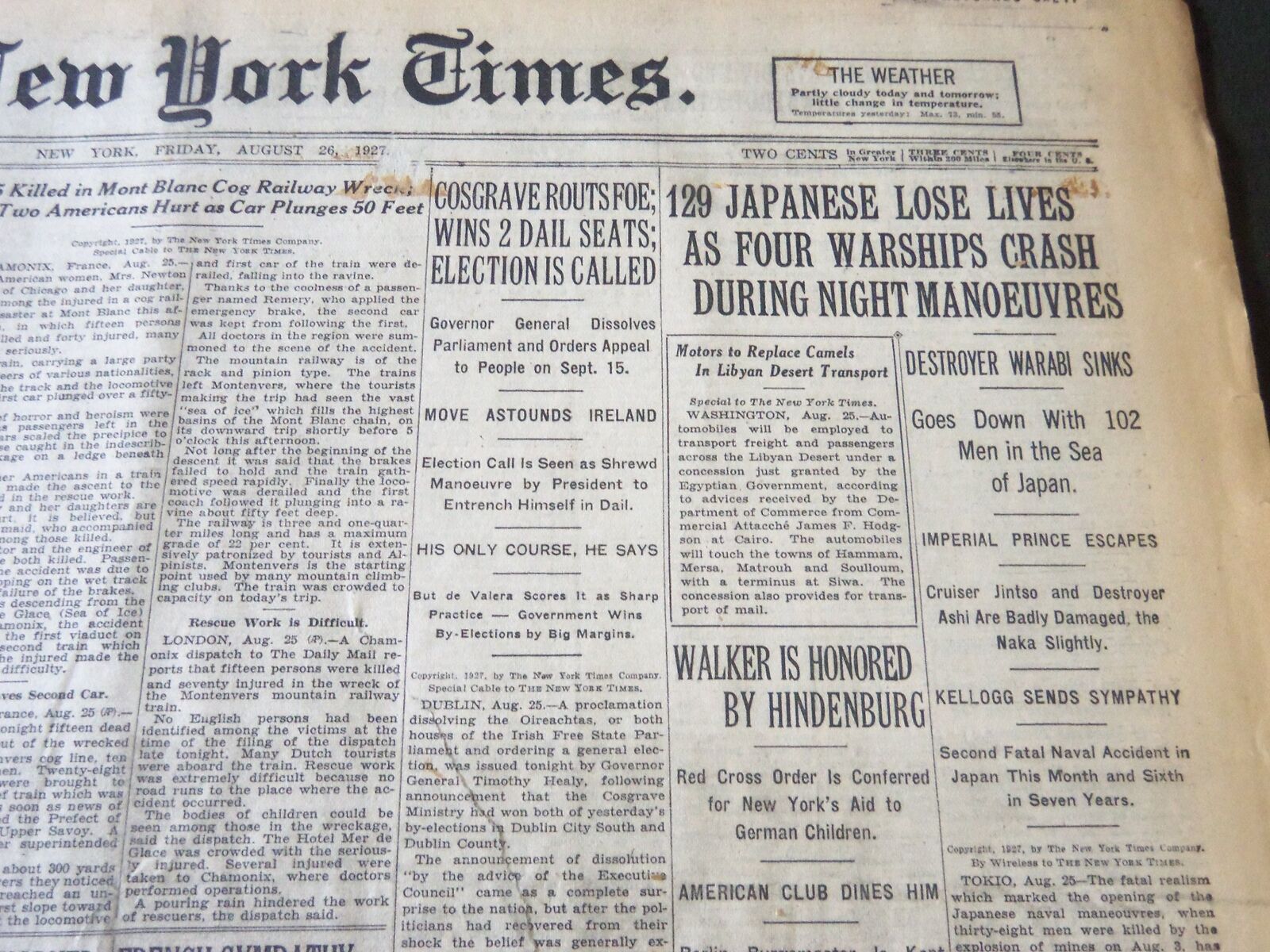 1927 AUGUST 26 NEW YORK TIMES - 129 JAPANESE DIE AS 4 WARSHIPS CRASH - NT 6364