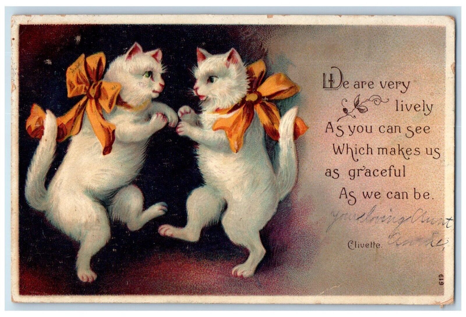 c1910's Anthropomorphic Cats Dancing Motto Ribbon Clivette Embossed Postcard