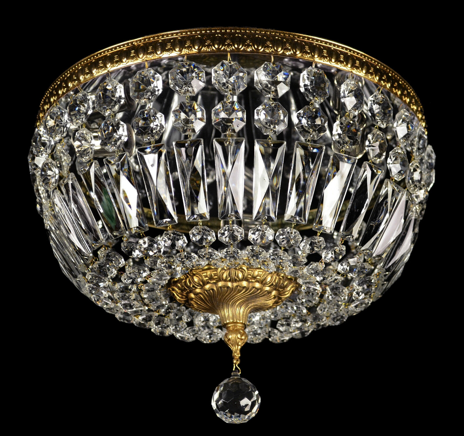 Antique French Vintage Flush Mount Bronze Brass Crystal Glass Chandelier Glass