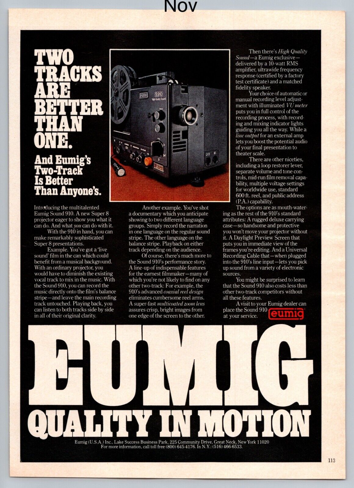 Eumig Sound 910 Super 8 Projector Promo Vintage 1978 Full Page Print Ad