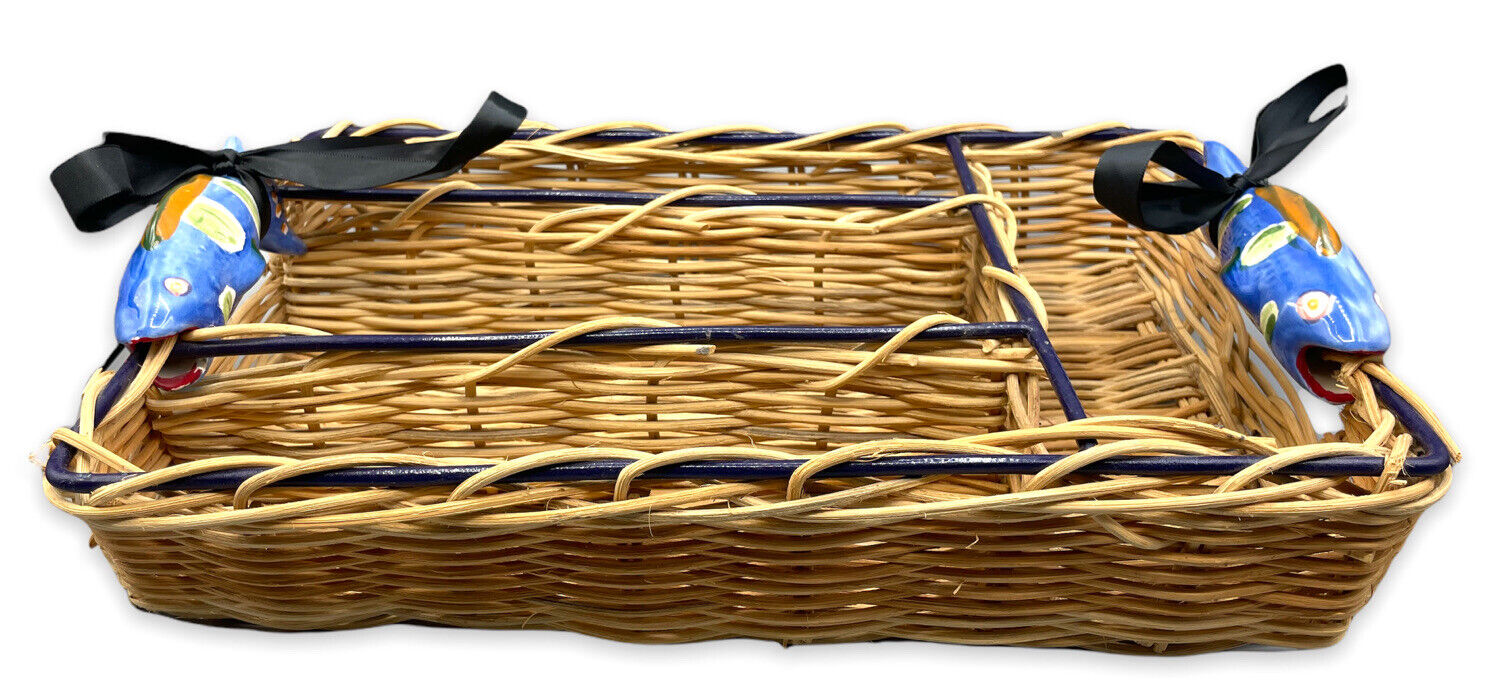 Large Wicker Cutlery Basket w/ Ceramic Fish Handles 15” L X 10” W X 4” H 