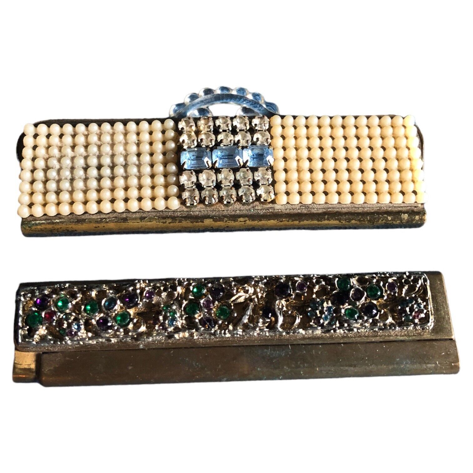 2 Vintage Folding Combs Rhinestones Brass Acrylic Mixed Materials