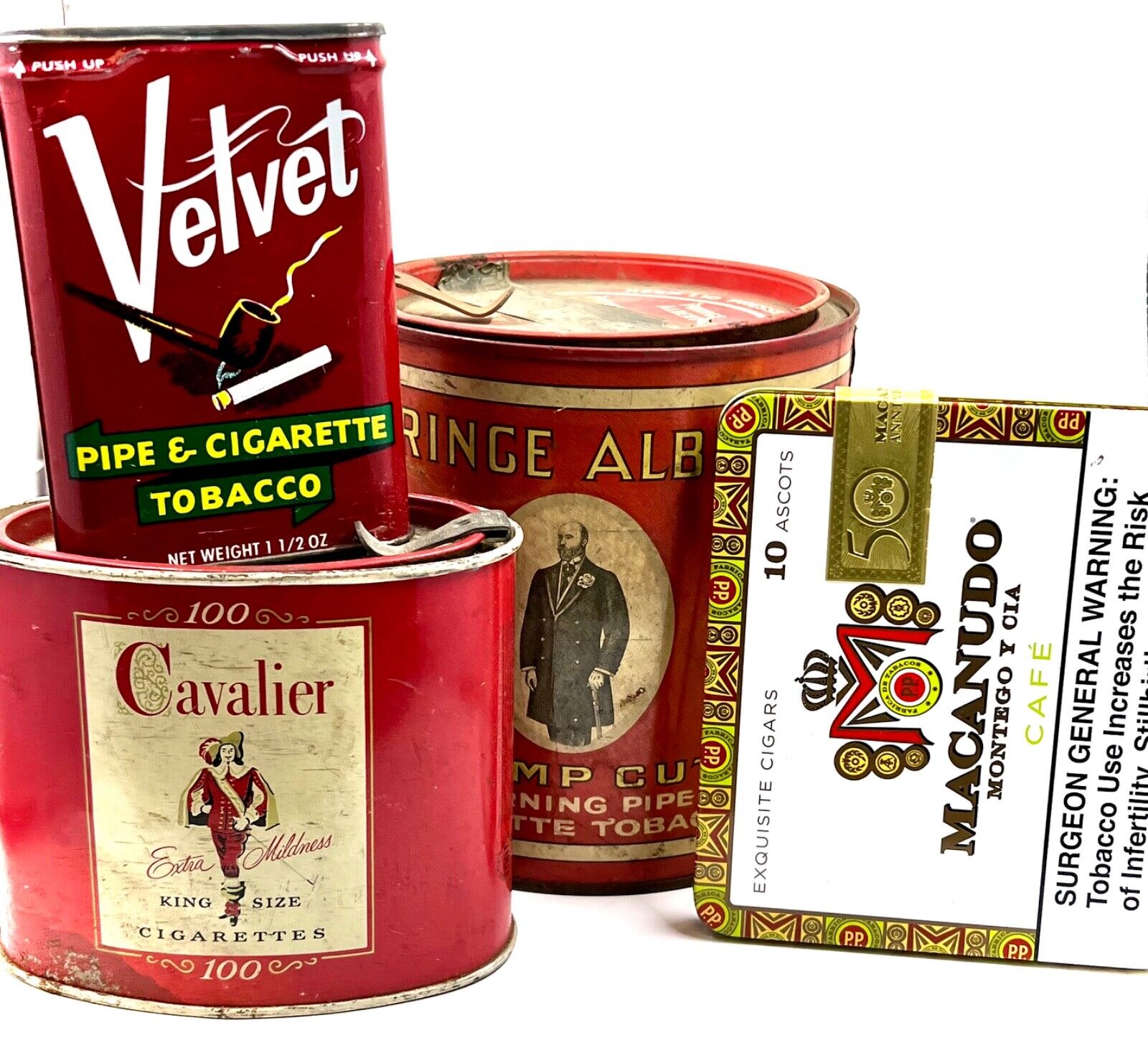 Vintage Tobacco and Cigarette Tin Lot, Prince Albert, Cavalier, Velvet, Macanudo