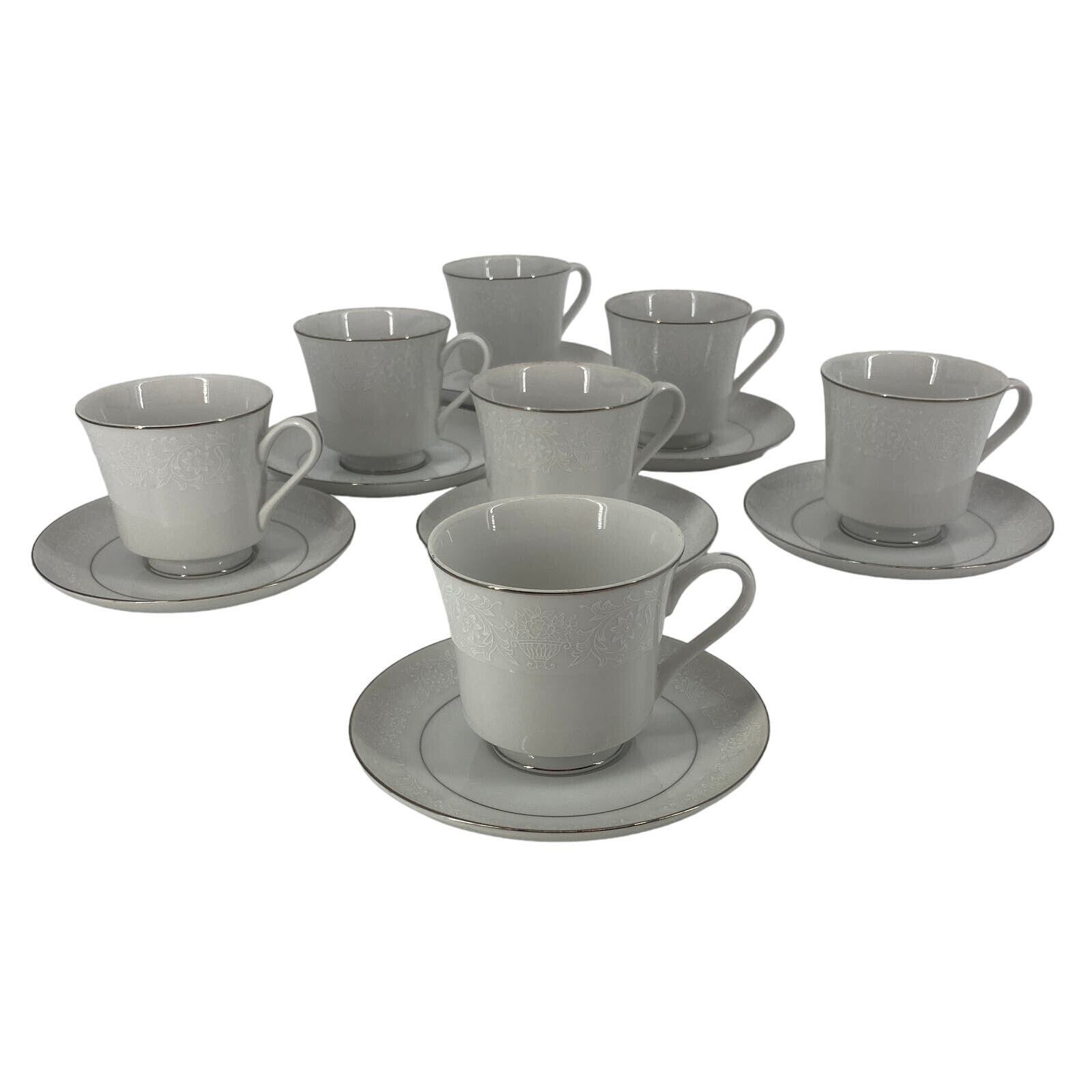 Set 7 -14 piece Crown Victoria Lovelace Tea Coffee Cups & Saucers white platinum
