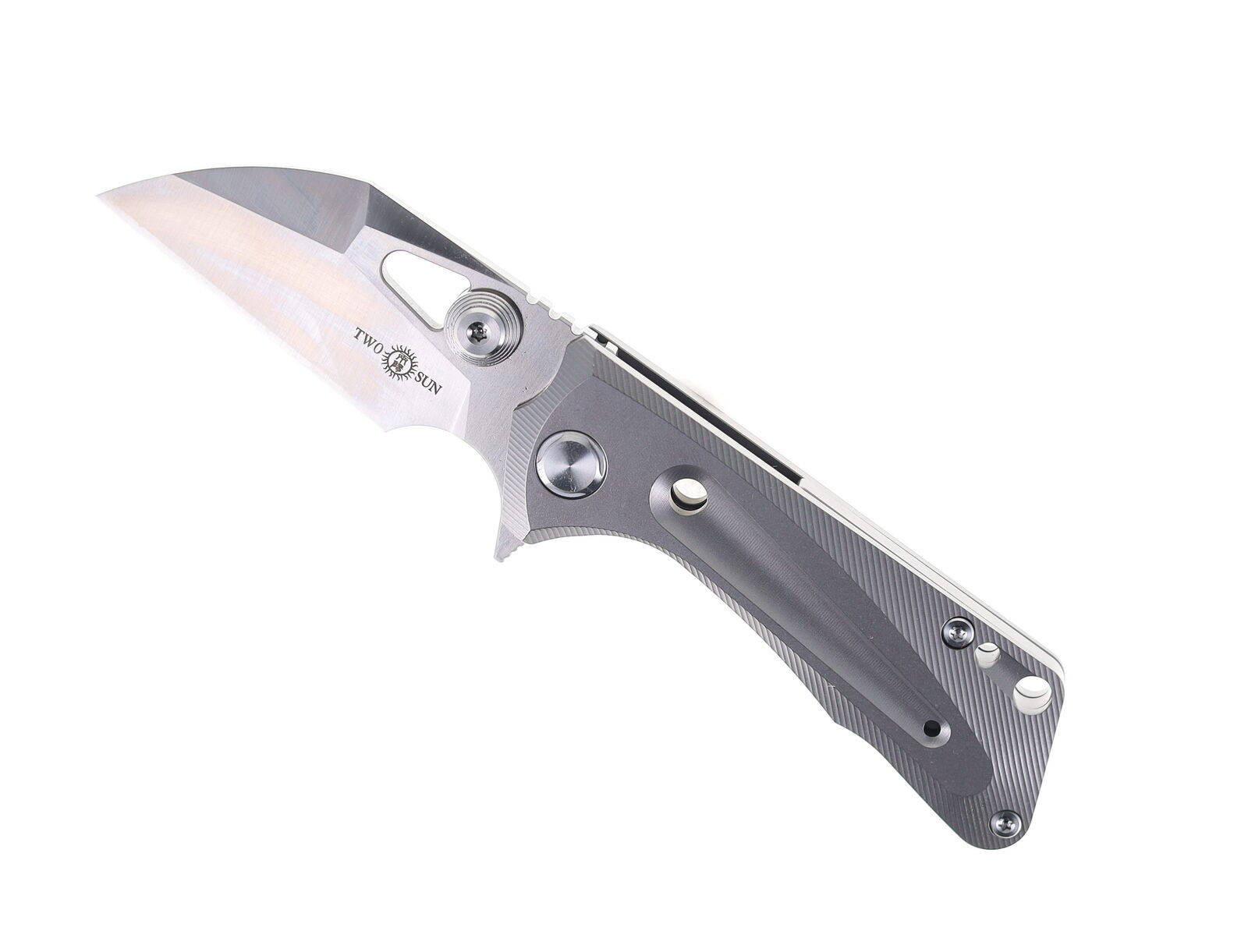 Two Sun Folding Knife Gray Titanium Handle M390 Plain Edge TS138TIM390