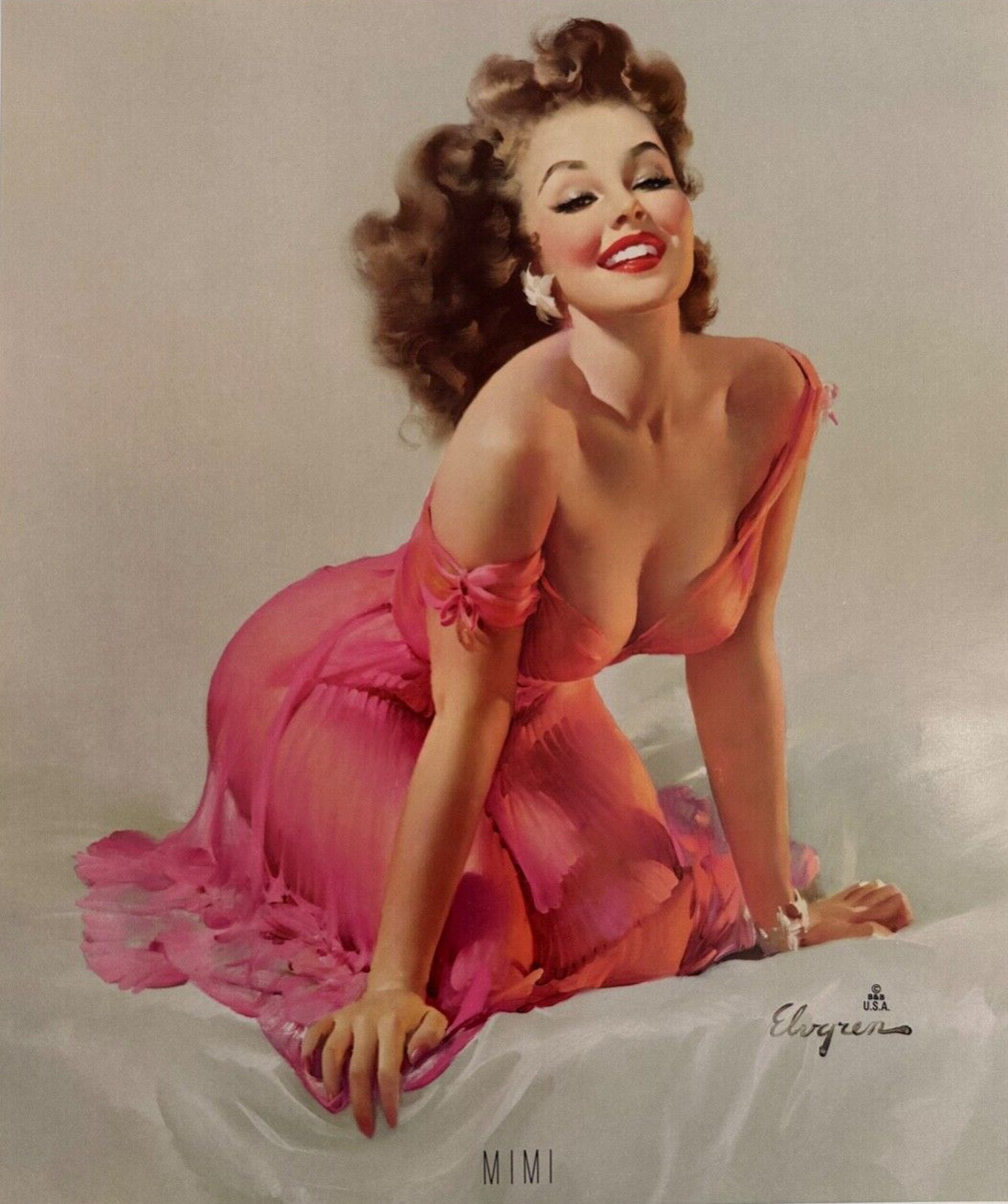 Mimi, Original 1956 Vintage Gil Elvgren Pin-Up Print, Gorgeous Brunette in Pink
