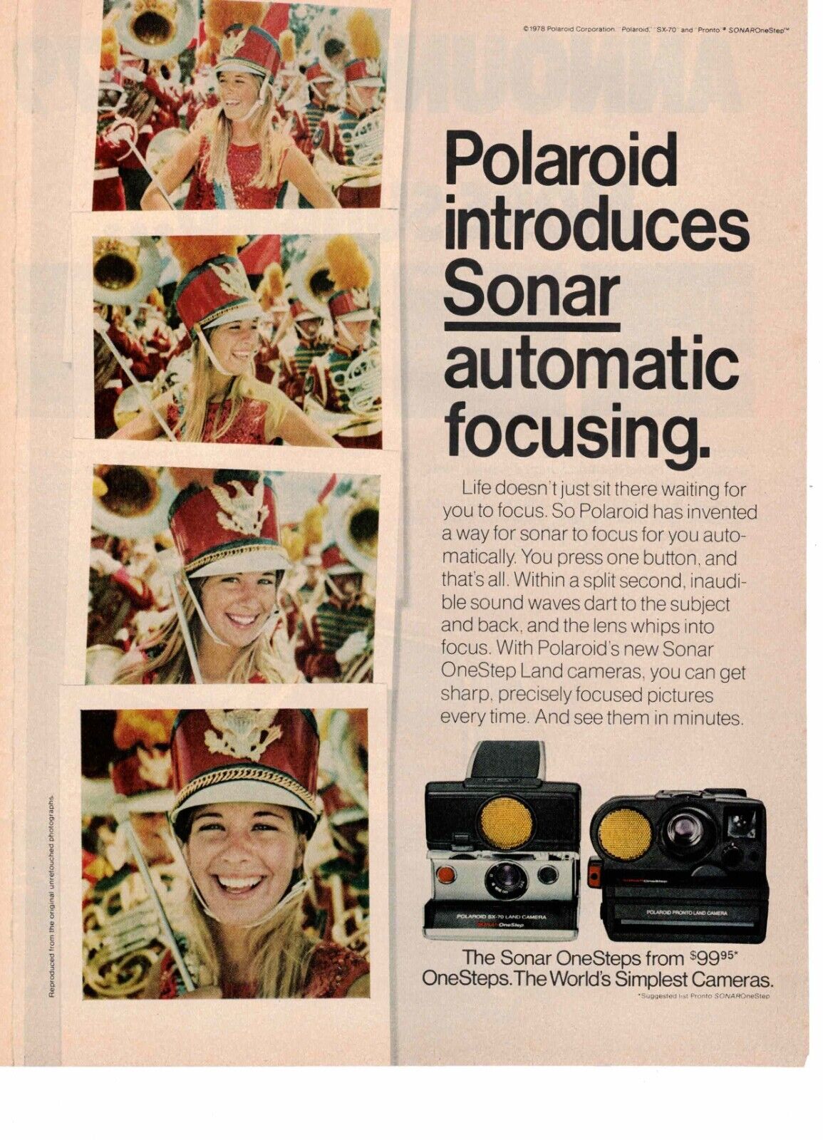 Vtg Print Ad 1978 Polaroid Camera Sonar Auto Focus Band Girl Smile Simple 1