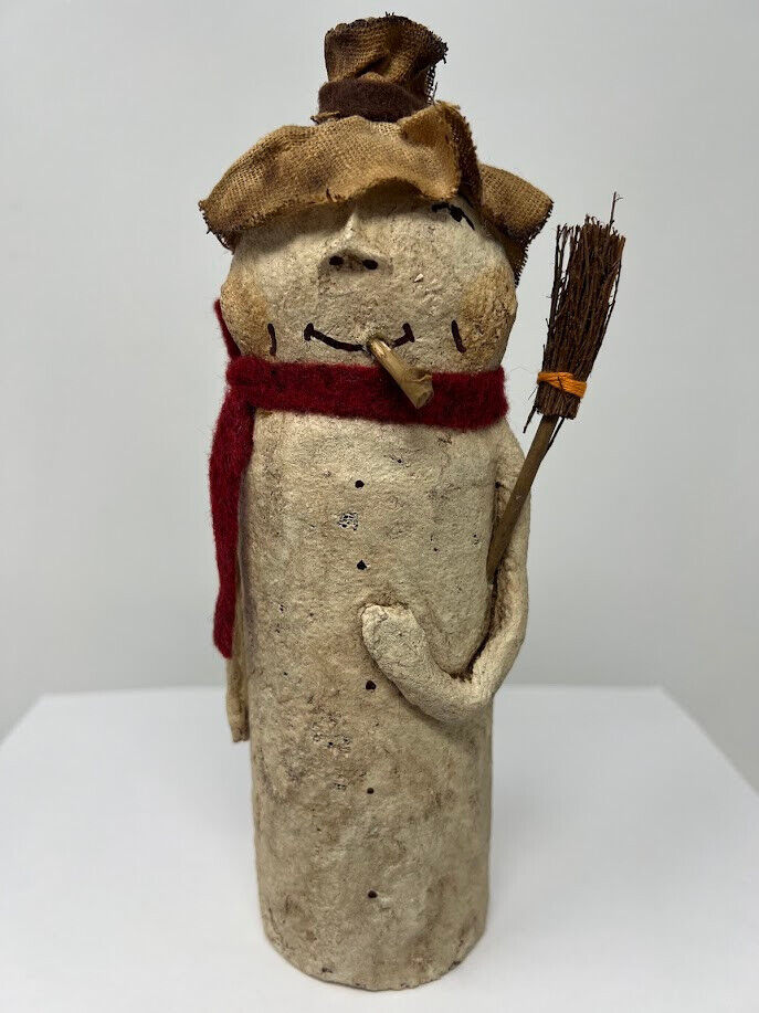 Folk Art Primitive Snowman Christmas Paper Mache Figurine Figure
