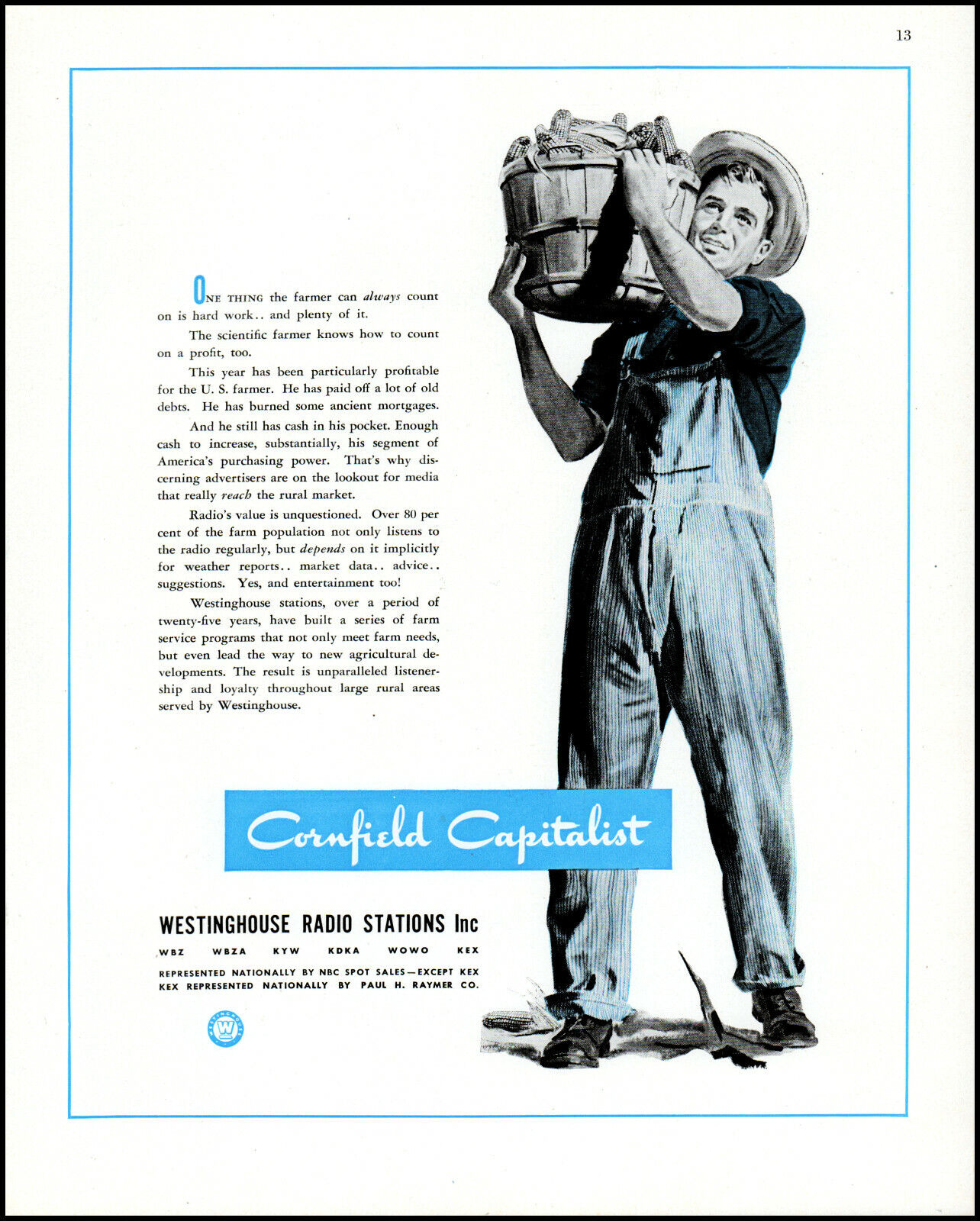 1946 Westinghouse Radio Stations Cornfield Capitalist retro art print ad adl79