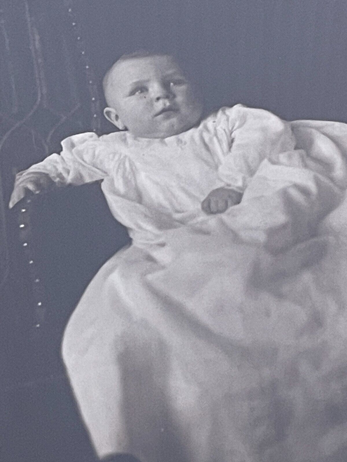 Antique 1900s Victorian Baby Photo Seated Chair Christening Gown 1909 B&W Framed