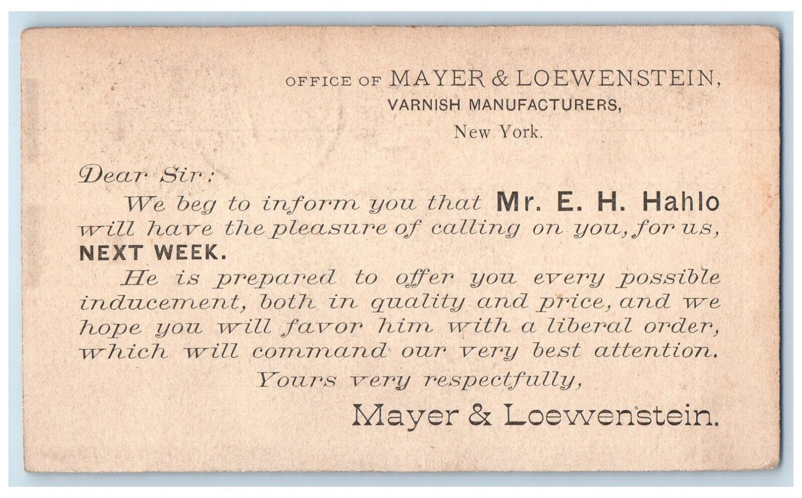 c1880's Office of Mayer & Loewenstein Salesman New York City NY Postal Card