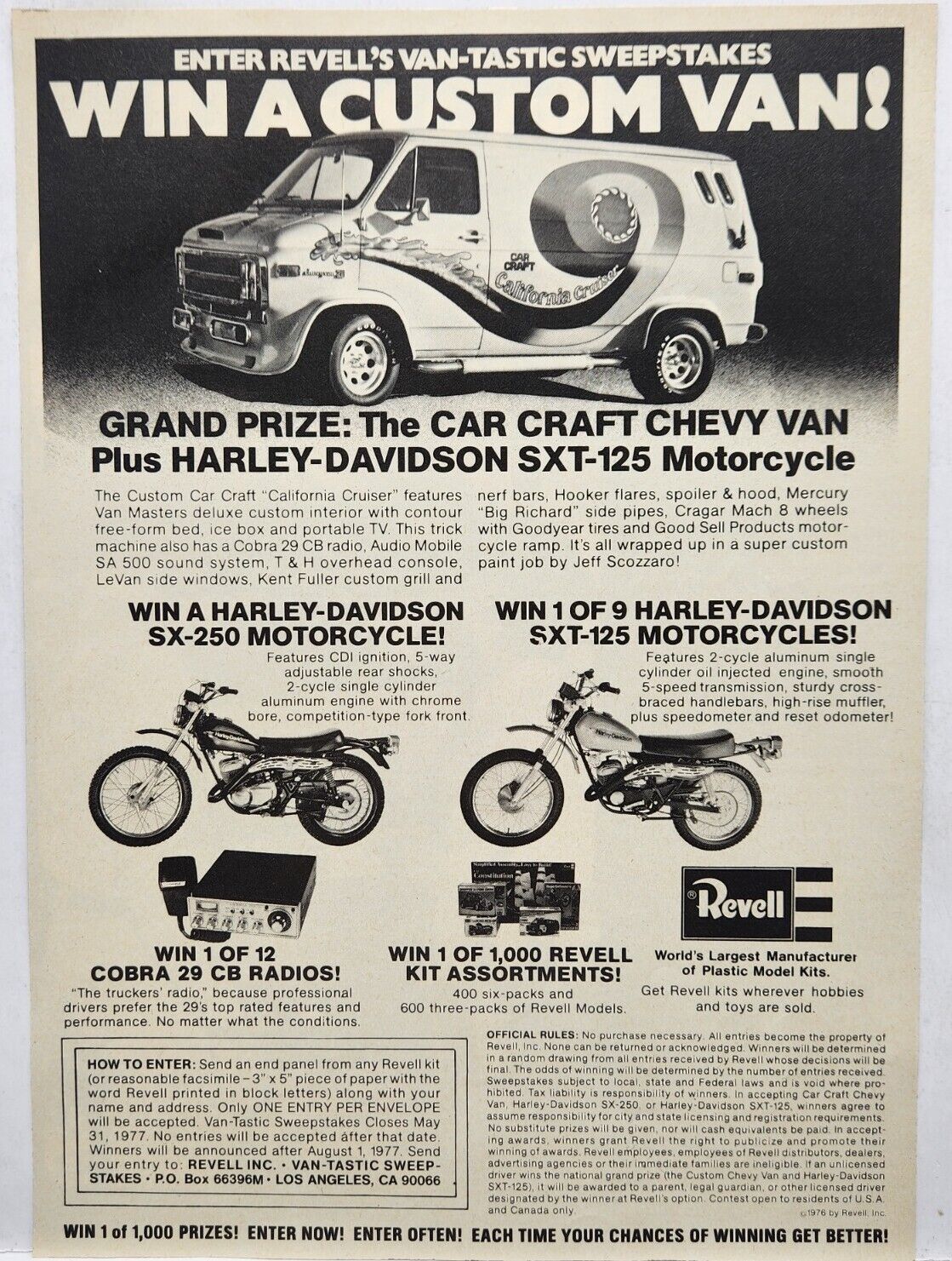 1977 Revell Car Craft Chevy Van -Tastic Sweepstakes Harley Davidson Print Ad 70s