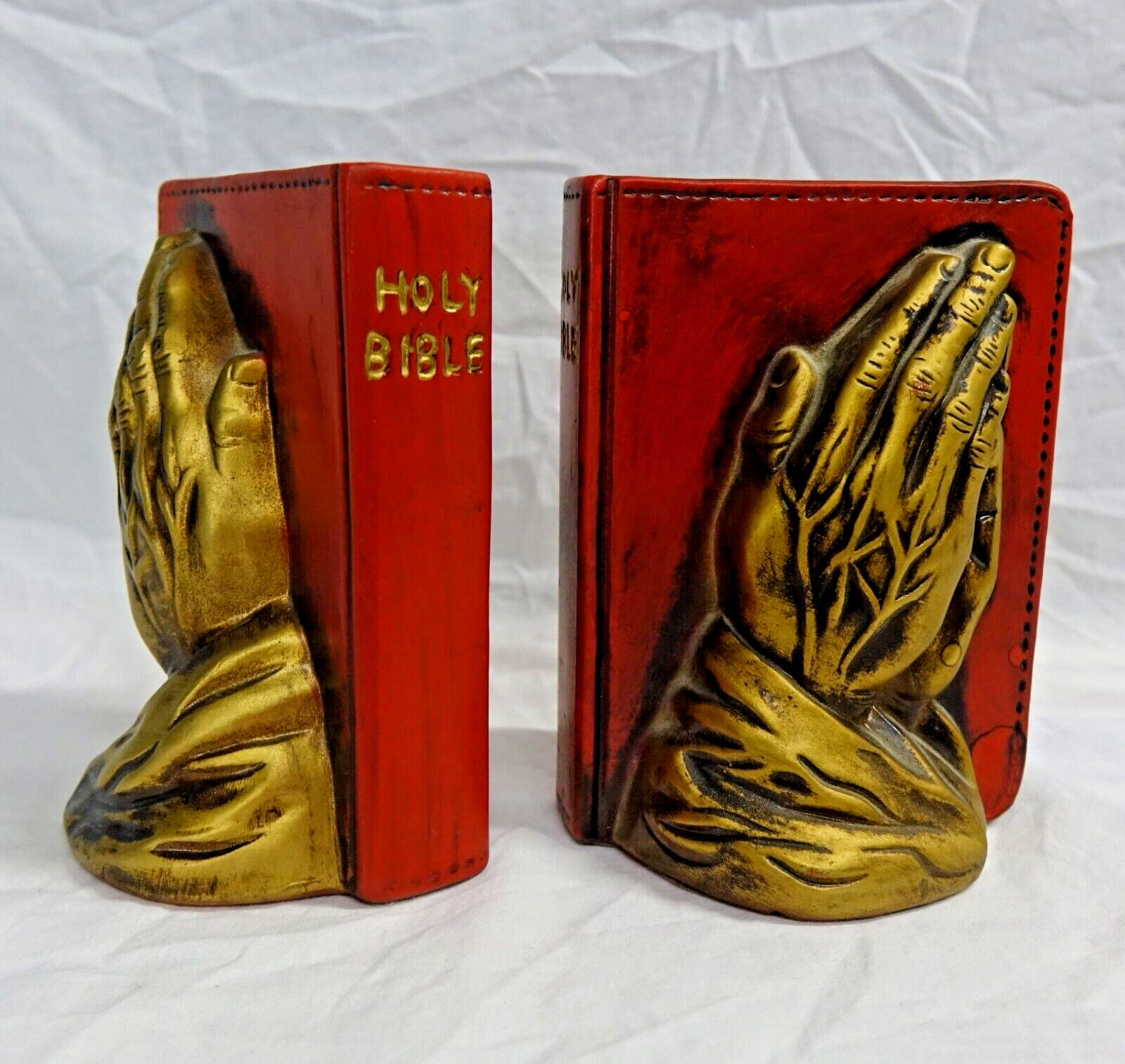 Vintage Holy Bible LEGO Made In JAPAN Religious Bookends Gold Praying Hands 5.5\