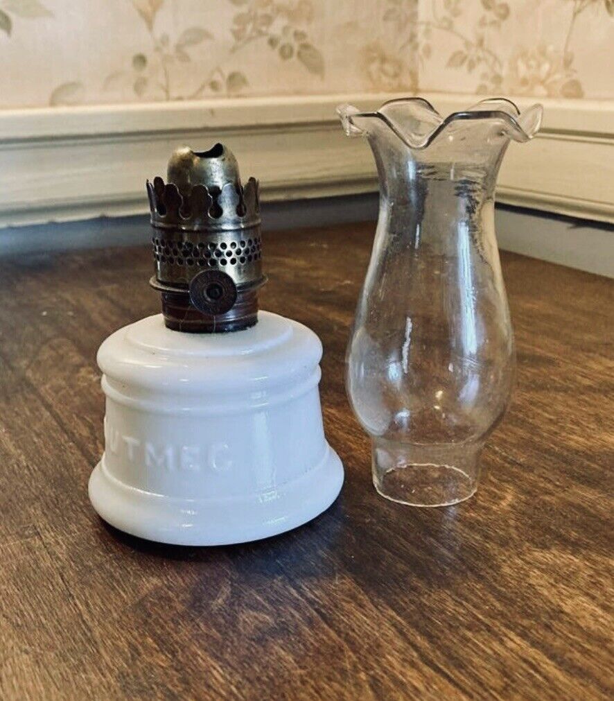 Vintage Early  Nutmeg White Milk Glass Finger Oil Lamp With Glass Chimney
