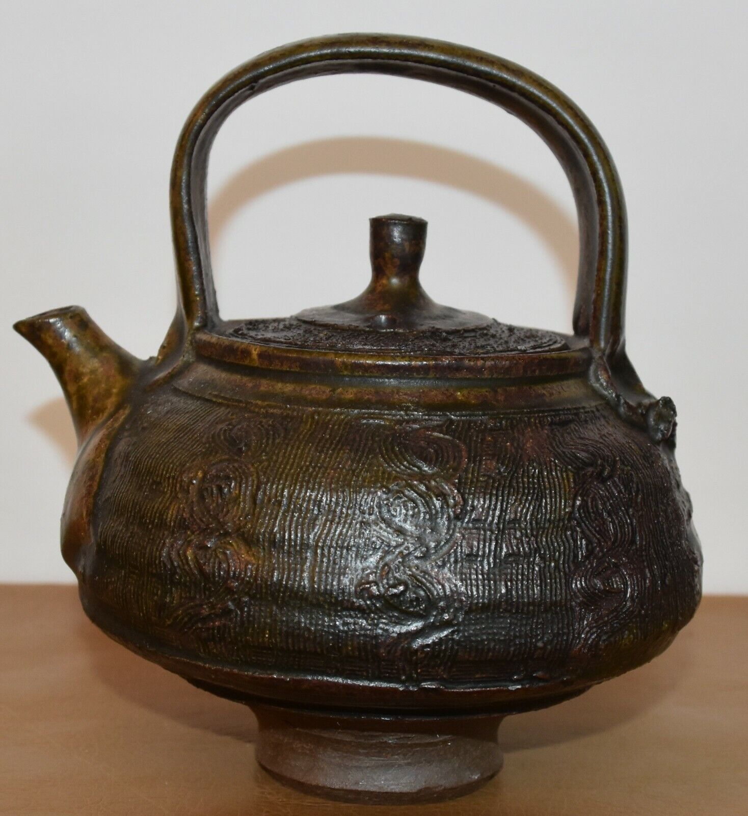 Vtg Primitive Black/Brown Pottery Teapot Unique 6\