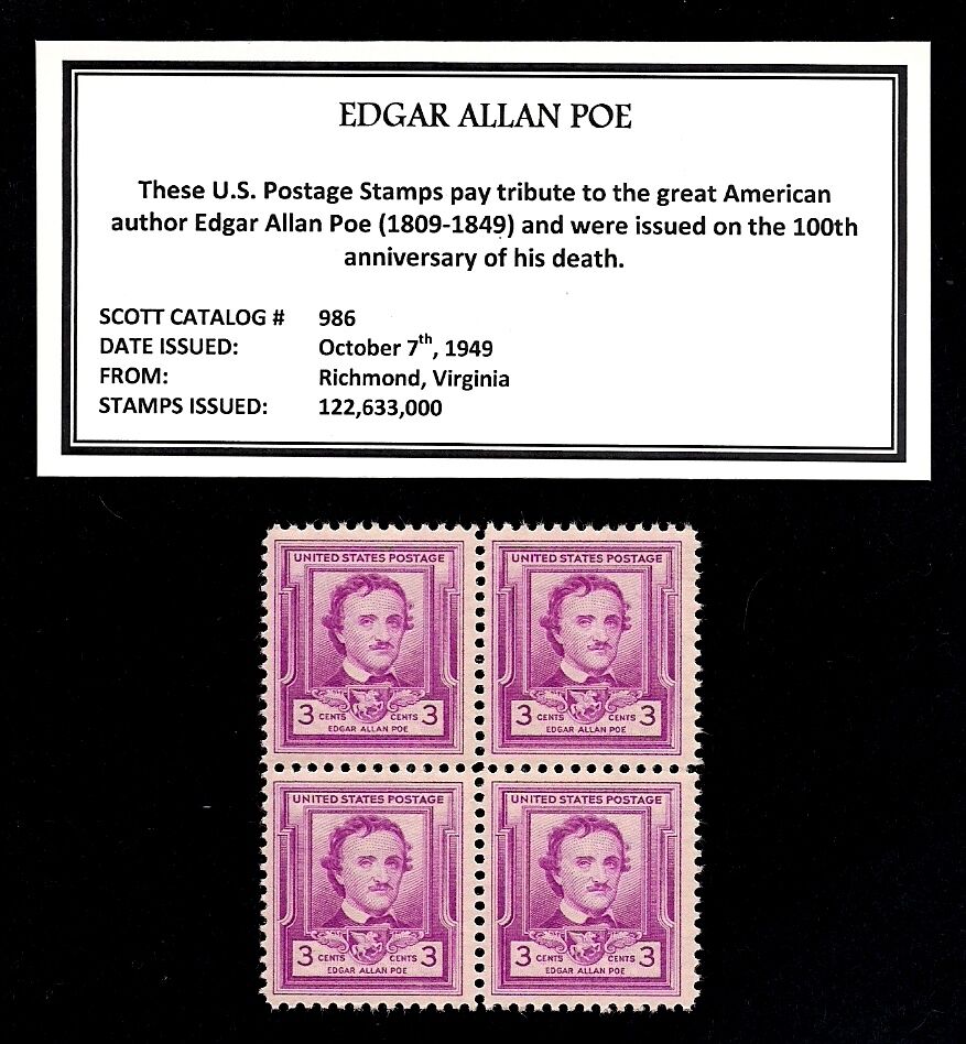 1949 - EDGAR ALLAN POE - Vintage Mint -MNH- Block of Four Postage Stamps