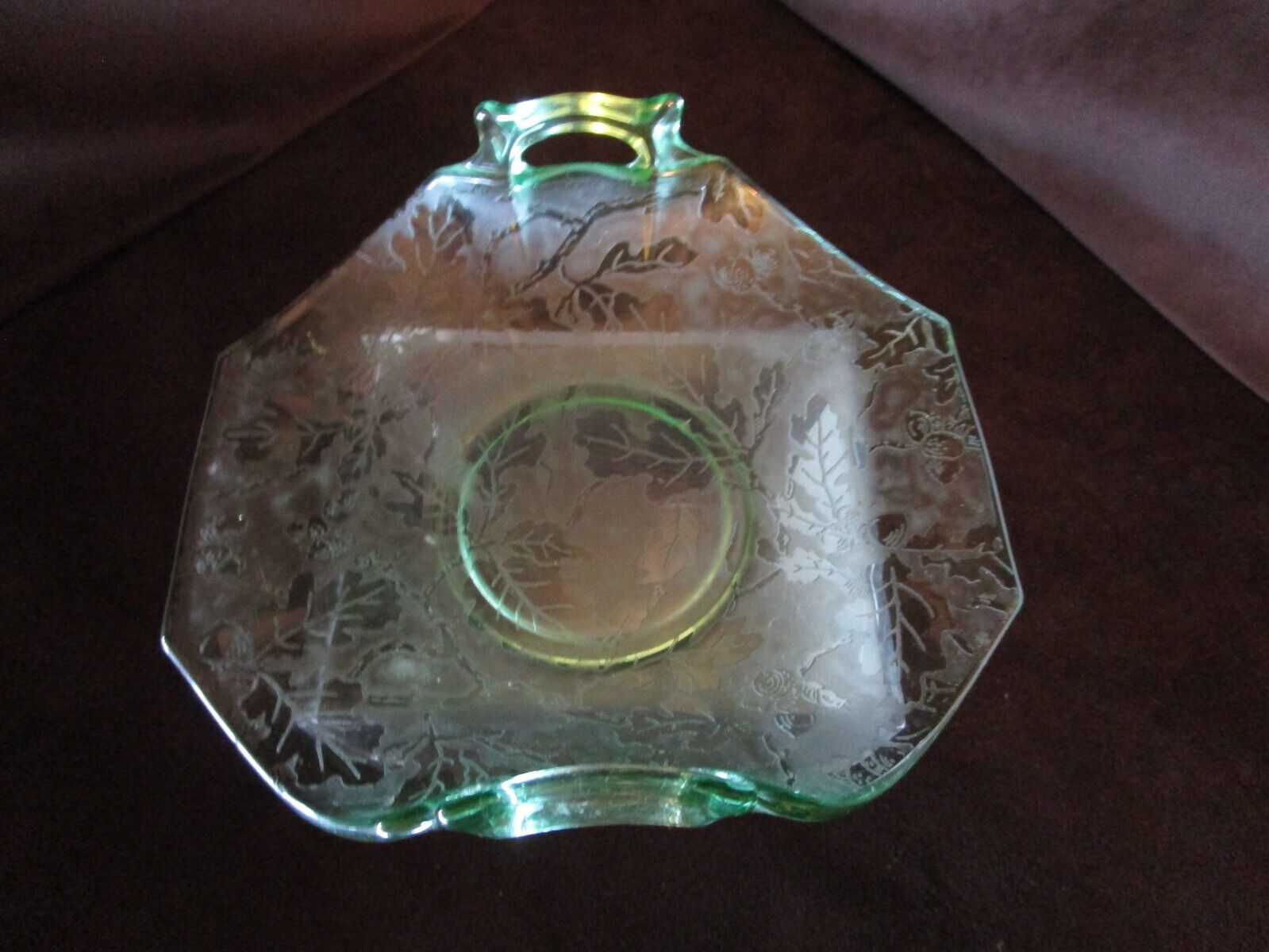 Fostoria Glass Brocade Oak Leaf etch Green Bon Bon bowl  handles up 6.5”L 1930\'s