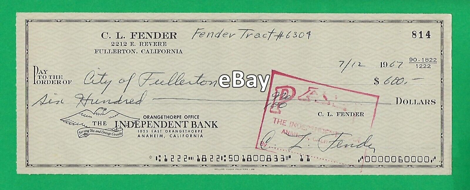 Leo Fender 1967 Signed and Endorsed 2x's Business Check City of Fullerton