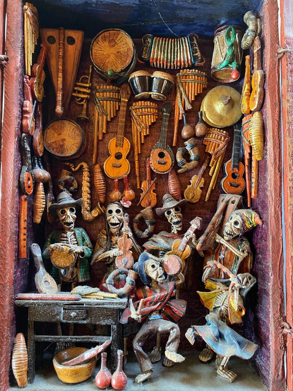 MEXICAN  MINIATURE Music String Instrument Replicas in Shadow Box