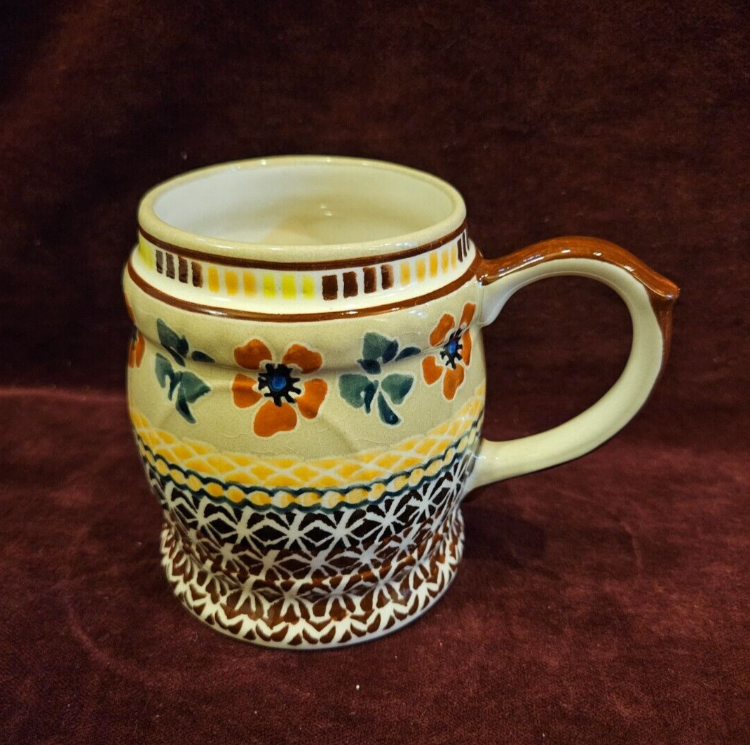 Polish Pottery Boleslawiec Unikat Mug Floral Pattern Yellow Brown