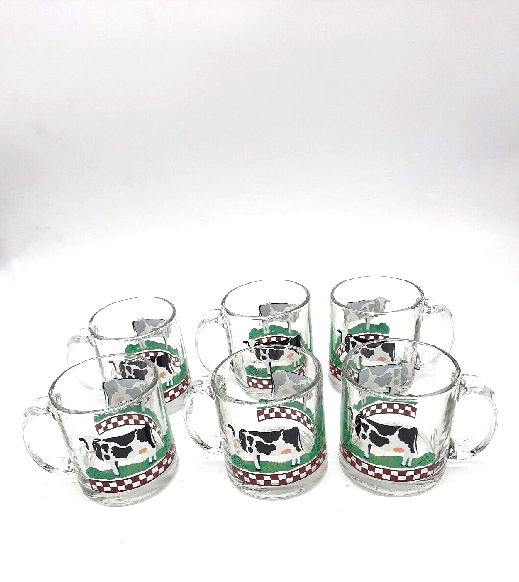 Vtg Libbey 6 Pc Set Of Clear Glass Coffee Mugs With Cows & Green Check Gingham