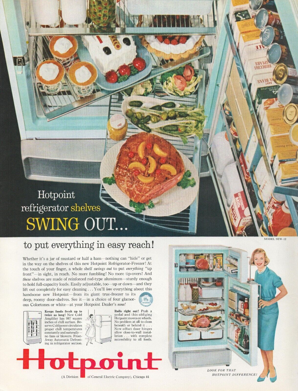 1959 Hotpoint Refrigerator Shelves Swing Out Easy Reach Vintage Print Ad L18