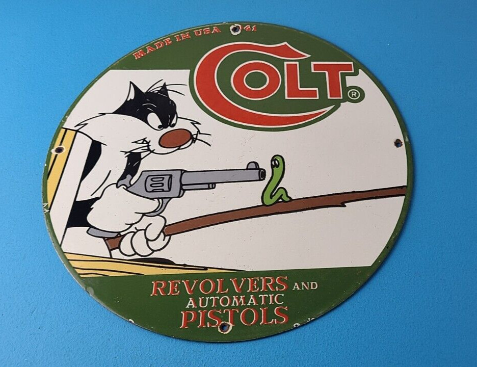 Vintage Colt Firearms Sign - Cat Revolver Gun Shop Ammo Porcelain Gas Pump Sign