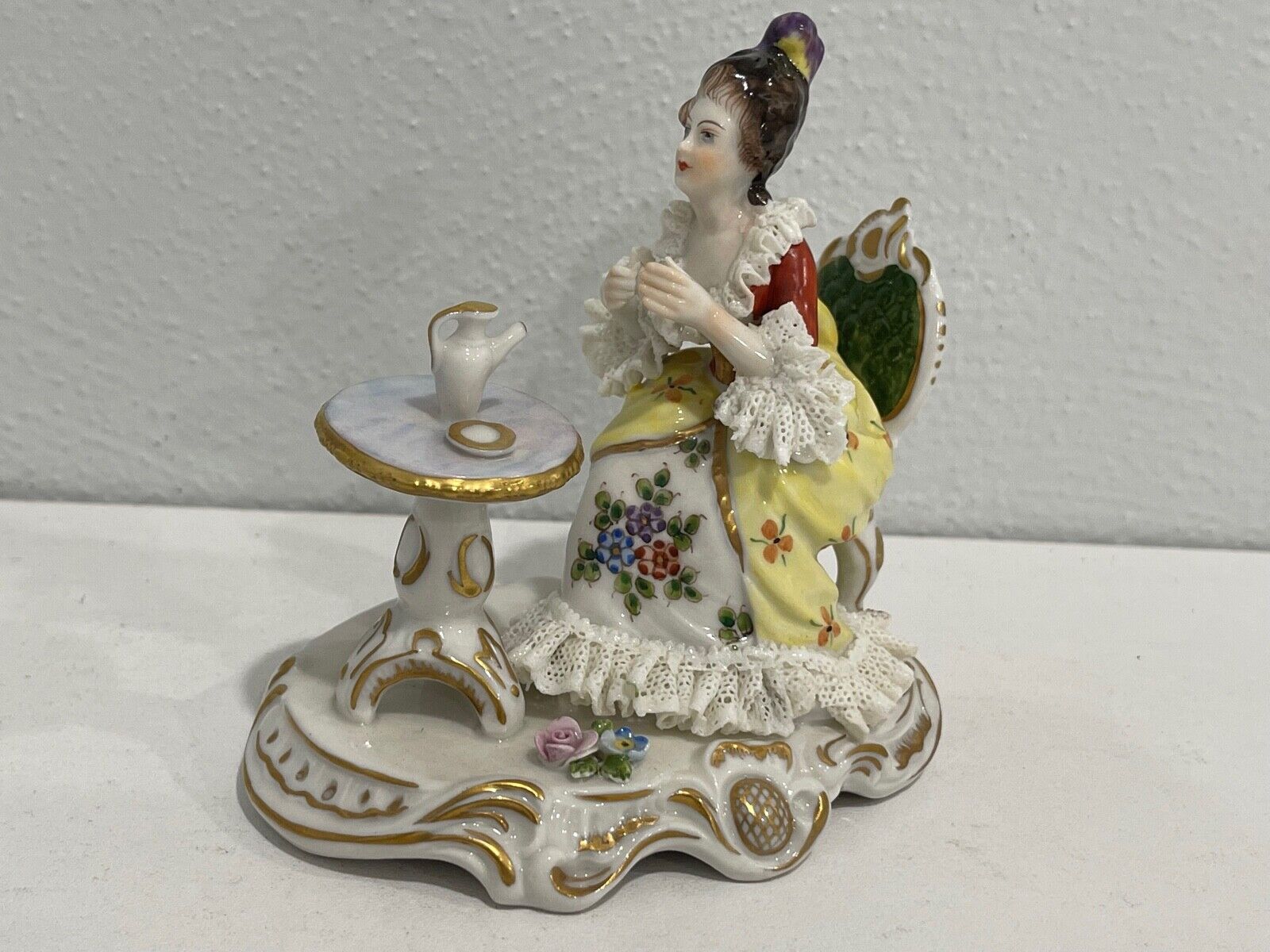 Vintage German Volkstedt Porcelain Lace Figurine Woman Drinking Cup of Tea