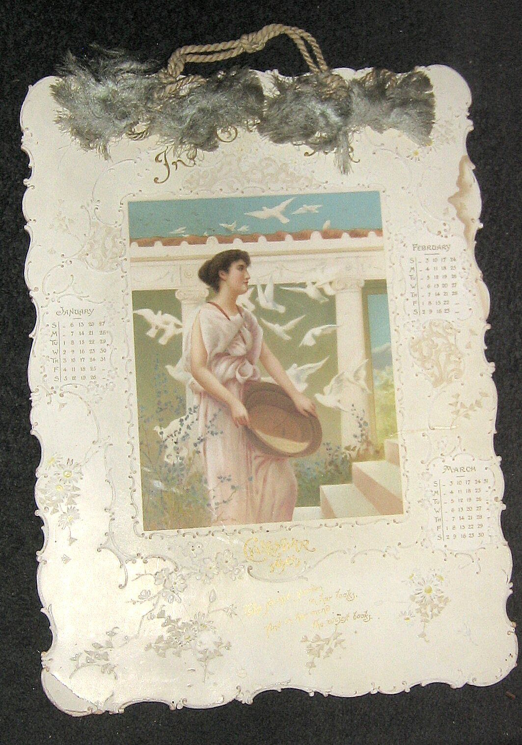 Antique 1901 Victorian Good Girl Art,Die Cut,Hanging 4-Page Calendar,Lace,Fancy