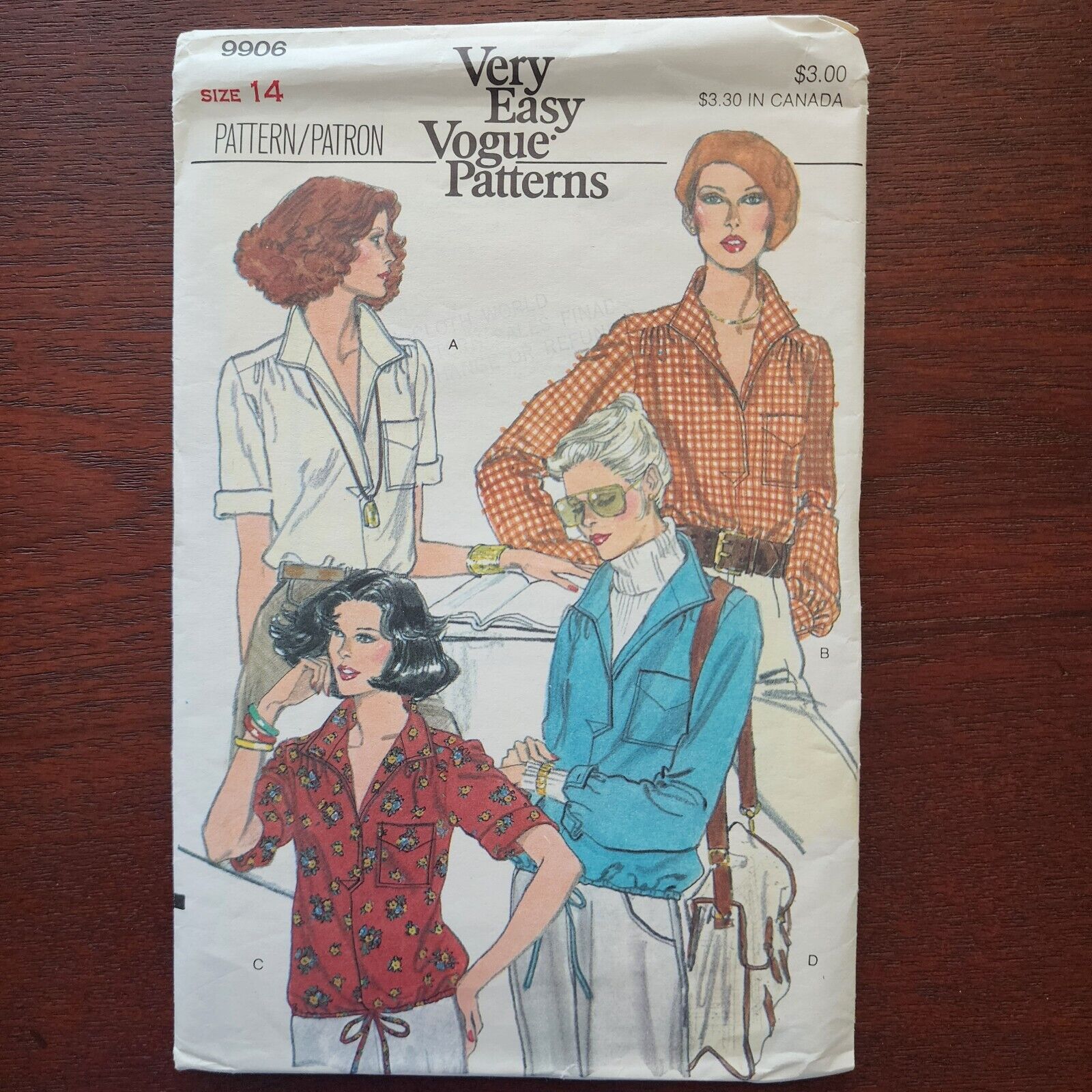 Very Easy VOGUE Sz 14 Pattern blouse #9906 sewing loose, pullover 1970s UNCUT FF