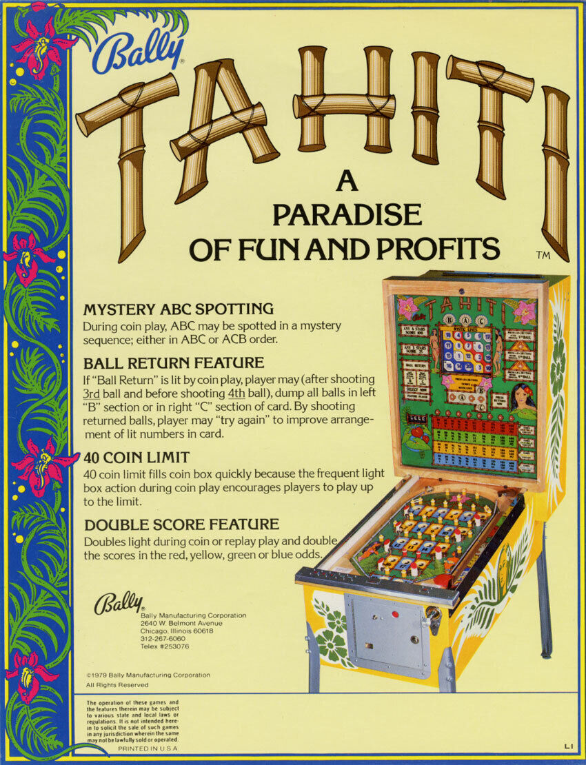 Tahiti Pinball FLYER Original 1979 NOS Bingo Game Artwork Sheet Tropical 