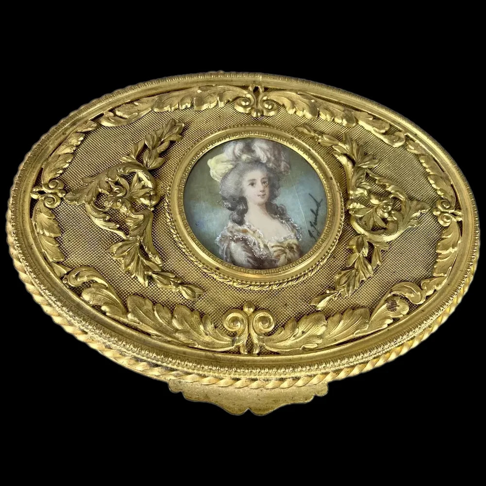 Gilded Elegance: 19th Century French Jewelry Box with Hand-painted Portrait