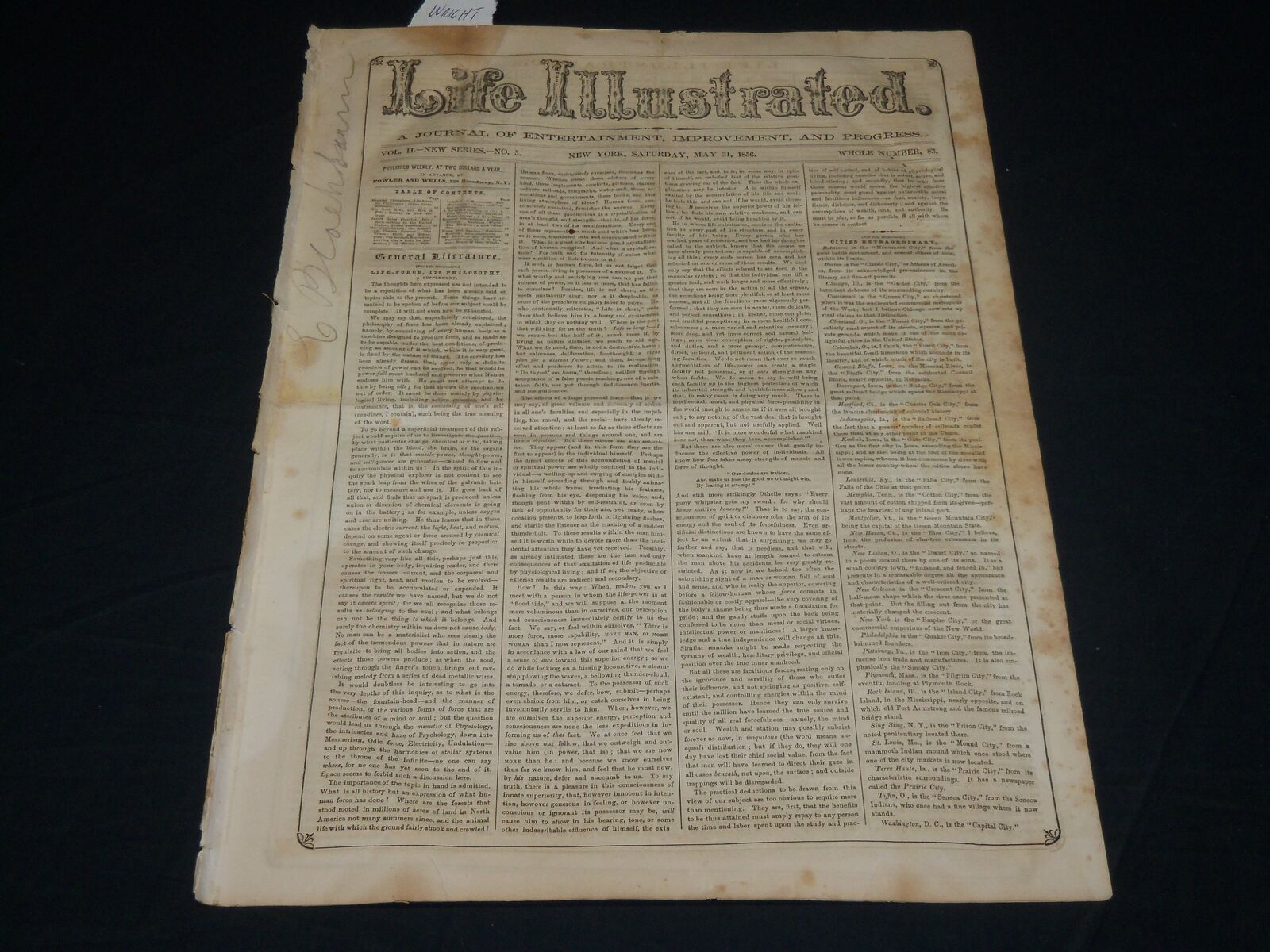 1856 MAY 31 LIFE ILLUSTRATED NEWSPAPER - SILAS WRIGHT DEATH - NP 4855