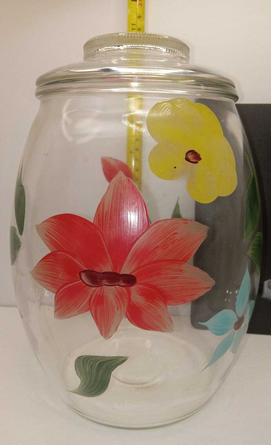 Vintage Bartlett Collins Clear Glass Cookie Jar w Lid Painted Fruit & Flowers