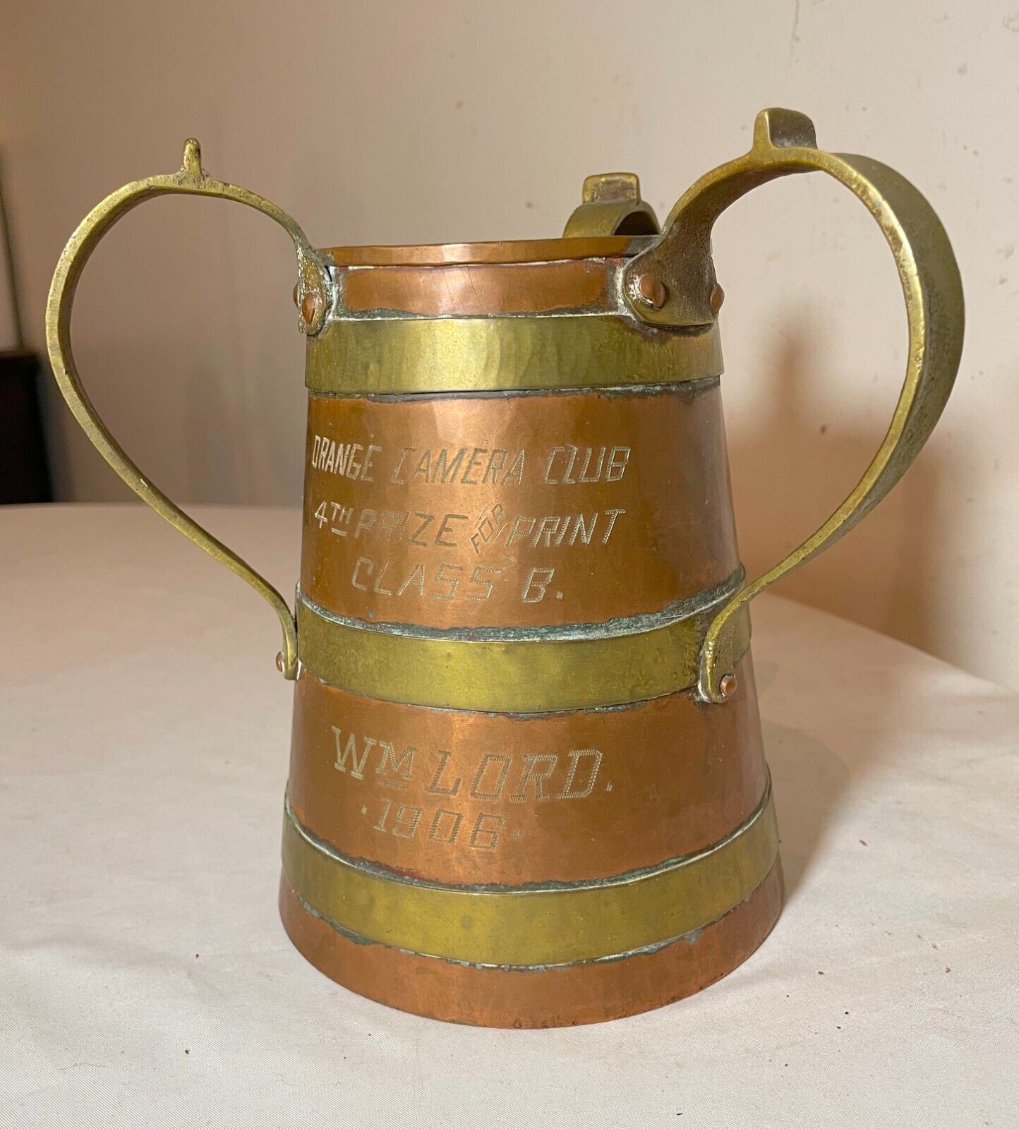 Antique 1906 3Handle Beer Stein Copper Brass Camera Club Photograph Award Trophy