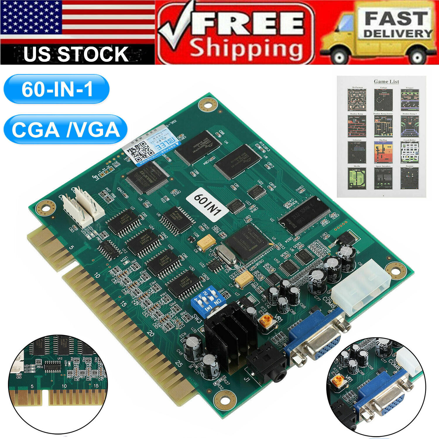 60 In 1 Multicade PCB Board VGA / CGA Output for Classic Jamma Arcade Video Game